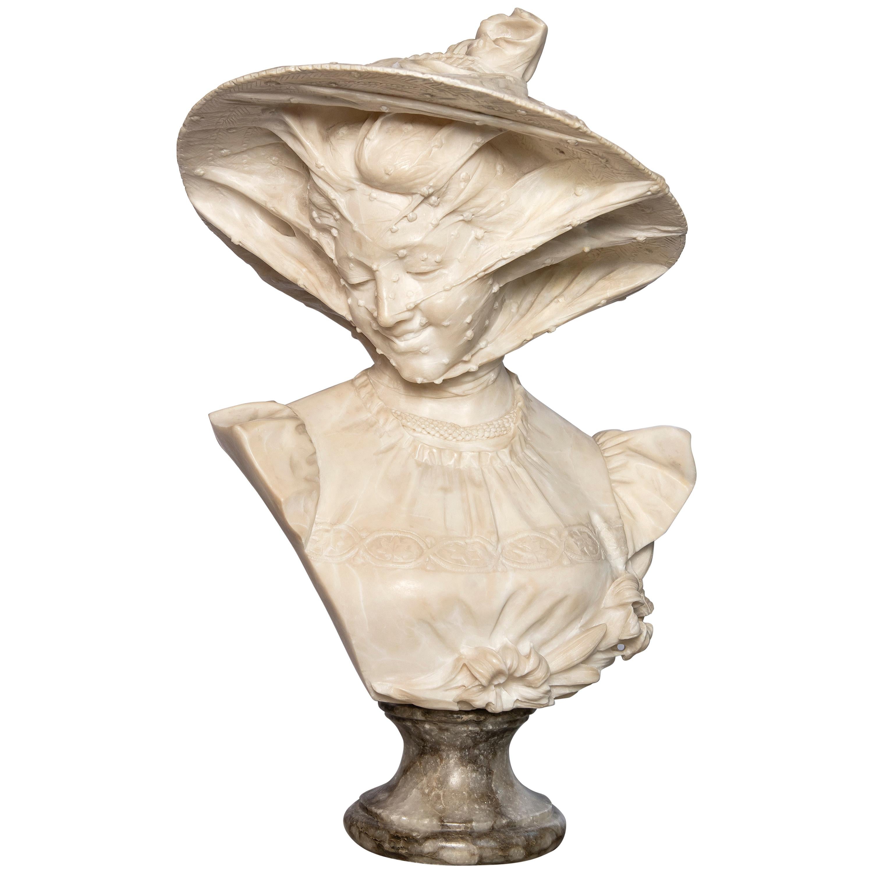Alabaster Woman Bust, Signed Antonio Frilli, Italy, circa 1890 For Sale