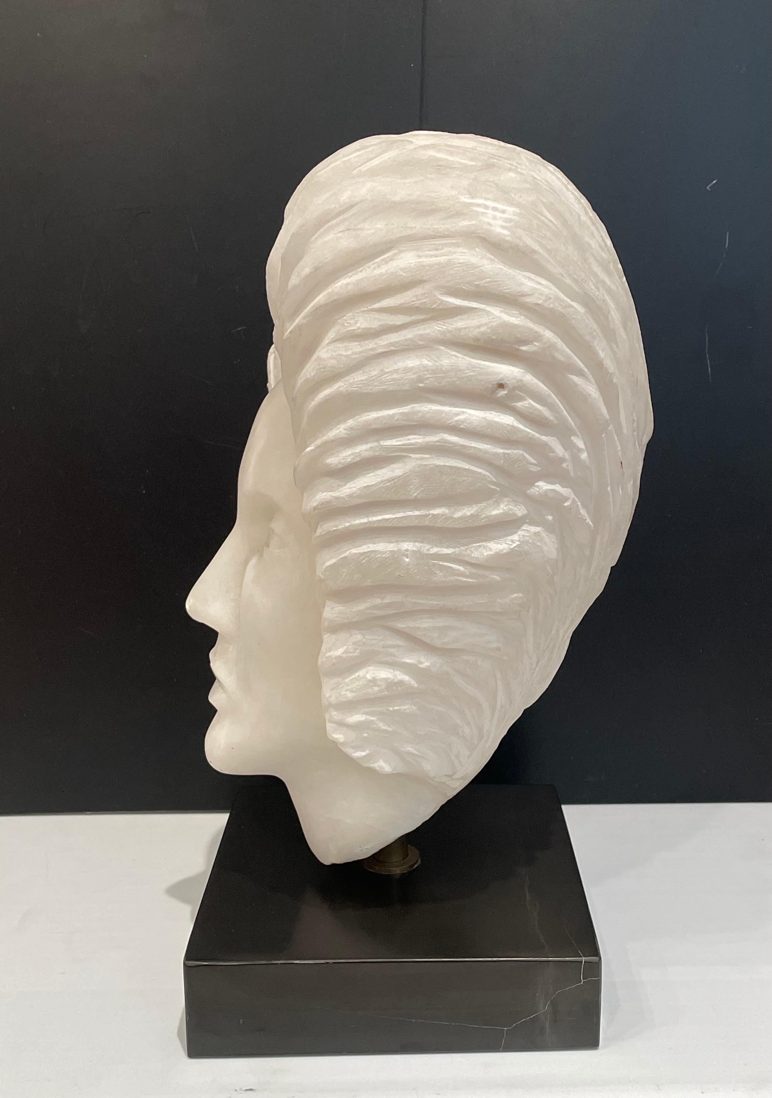 Art Deco Alabaster Woman's Head Sculpture on Marble Base Rotates 360 Degree