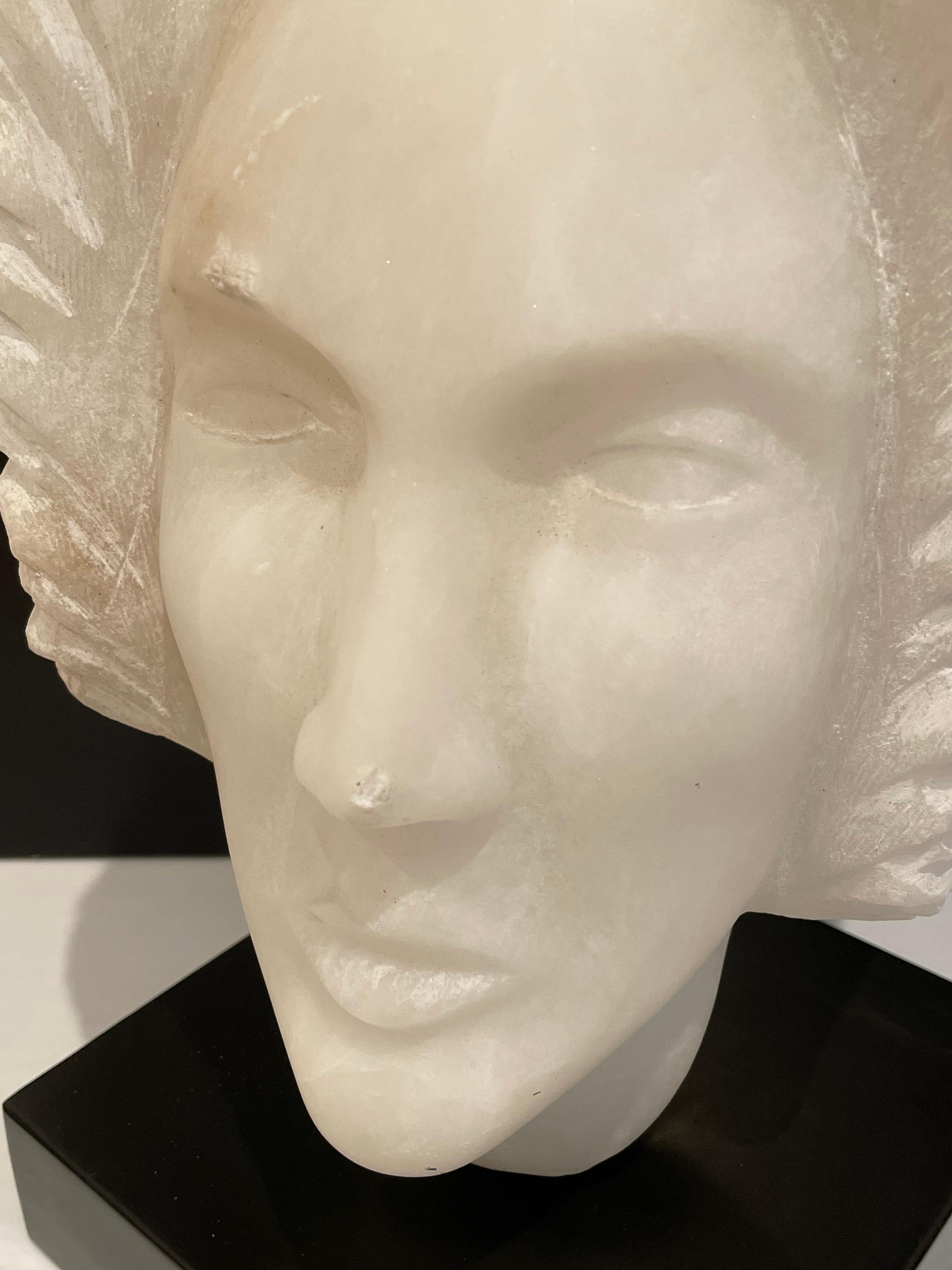 20th Century Alabaster Woman's Head Sculpture on Marble Base Rotates 360 Degree