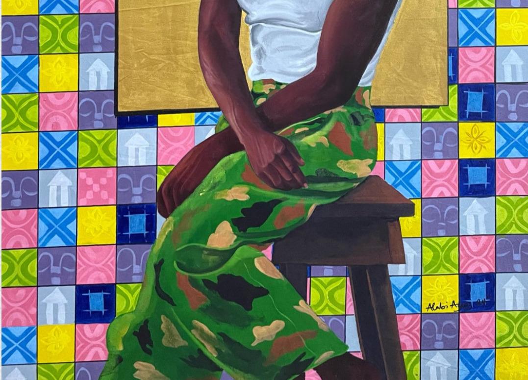 Zerbrechlicher Soldat (Beige), Portrait Painting, von Alabi Azeez