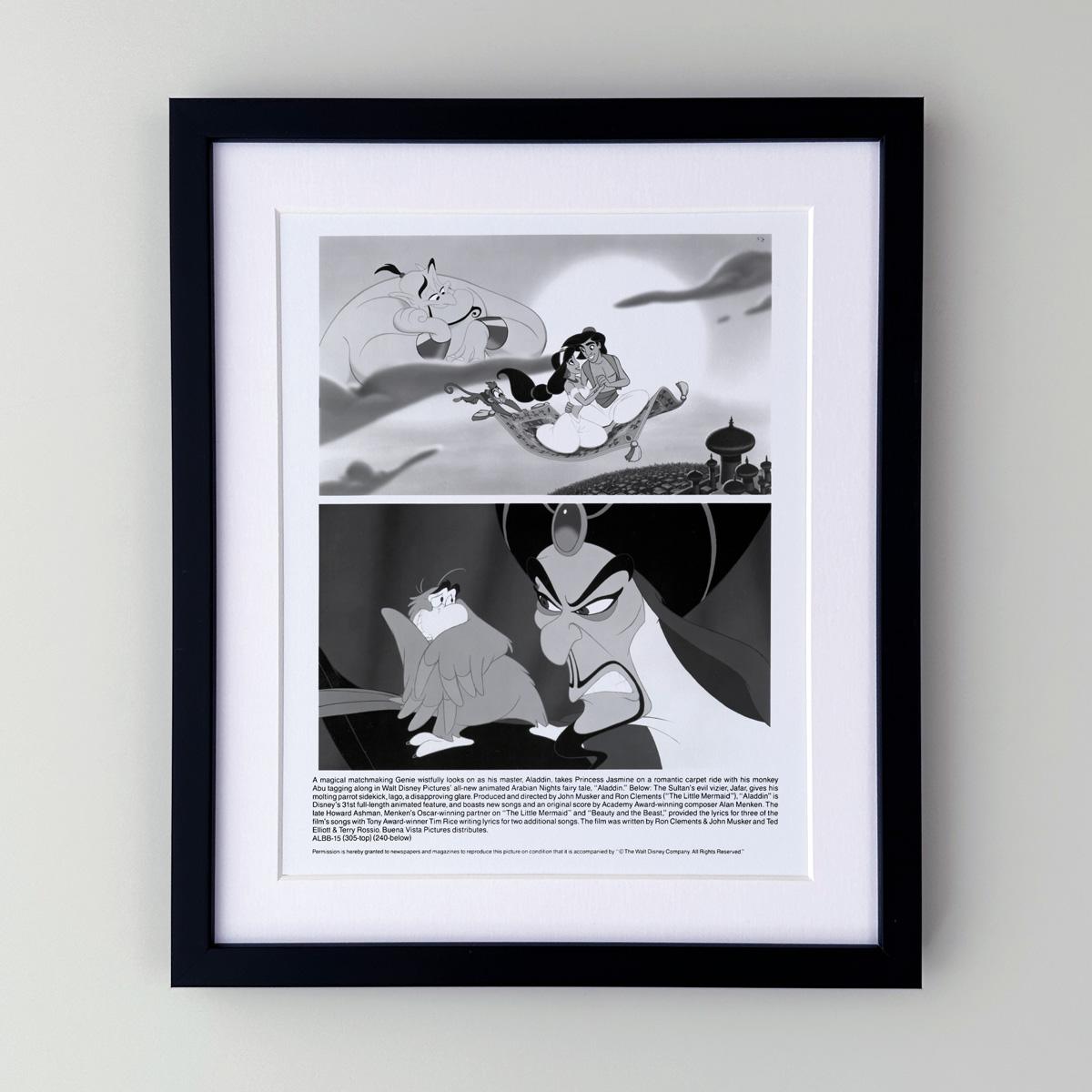 Original 8x10 inches Publicity Still for the Disney classic Aladdin (1992). 

Publicity (film/production) stills were created to help studios promote their new films. The stills were included with press kits and available at press screenings and