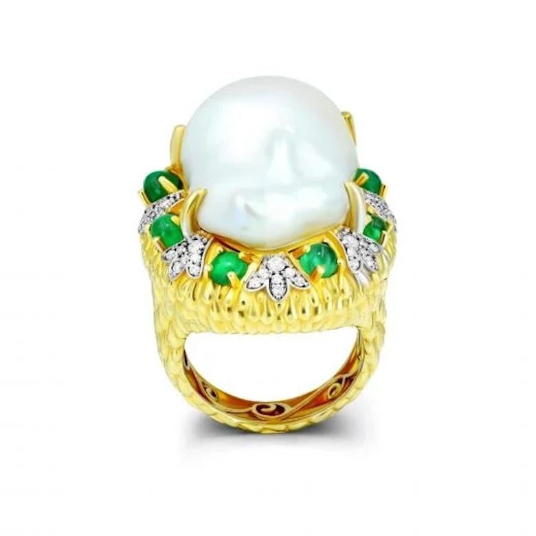 Moderne Bague Aladdin en or jaune avec diamants, émeraudes et perles pour elle en vente