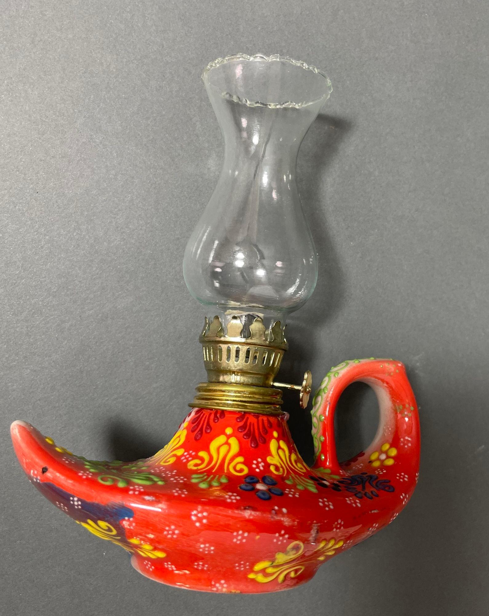 Türkische Öllampe aus roter Keramik im Aladdin-Stil, handgefertigt (Handgefertigt) im Angebot
