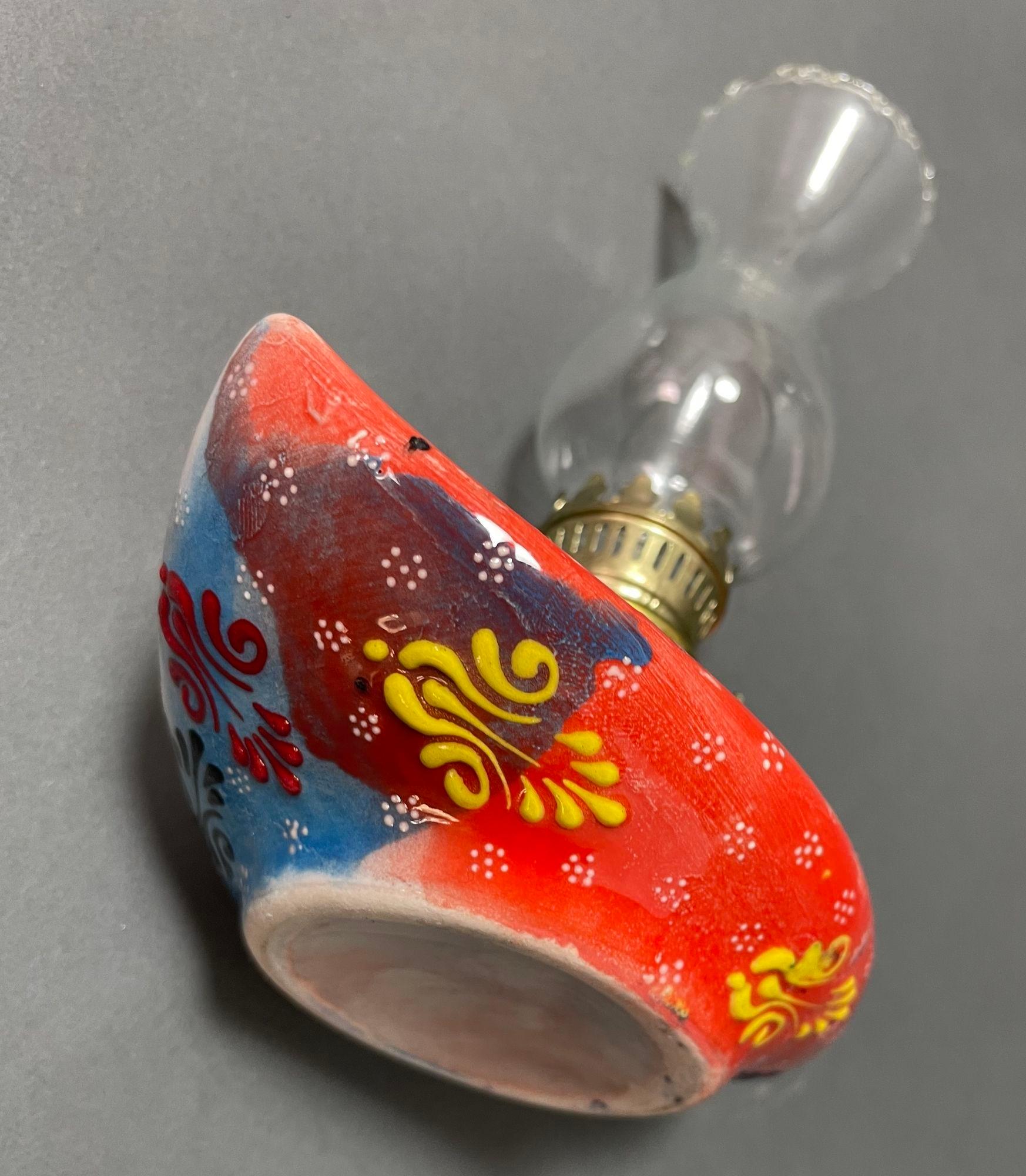 Moorish Aladdin style handmade red ceramic Turkish oil lamp For Sale