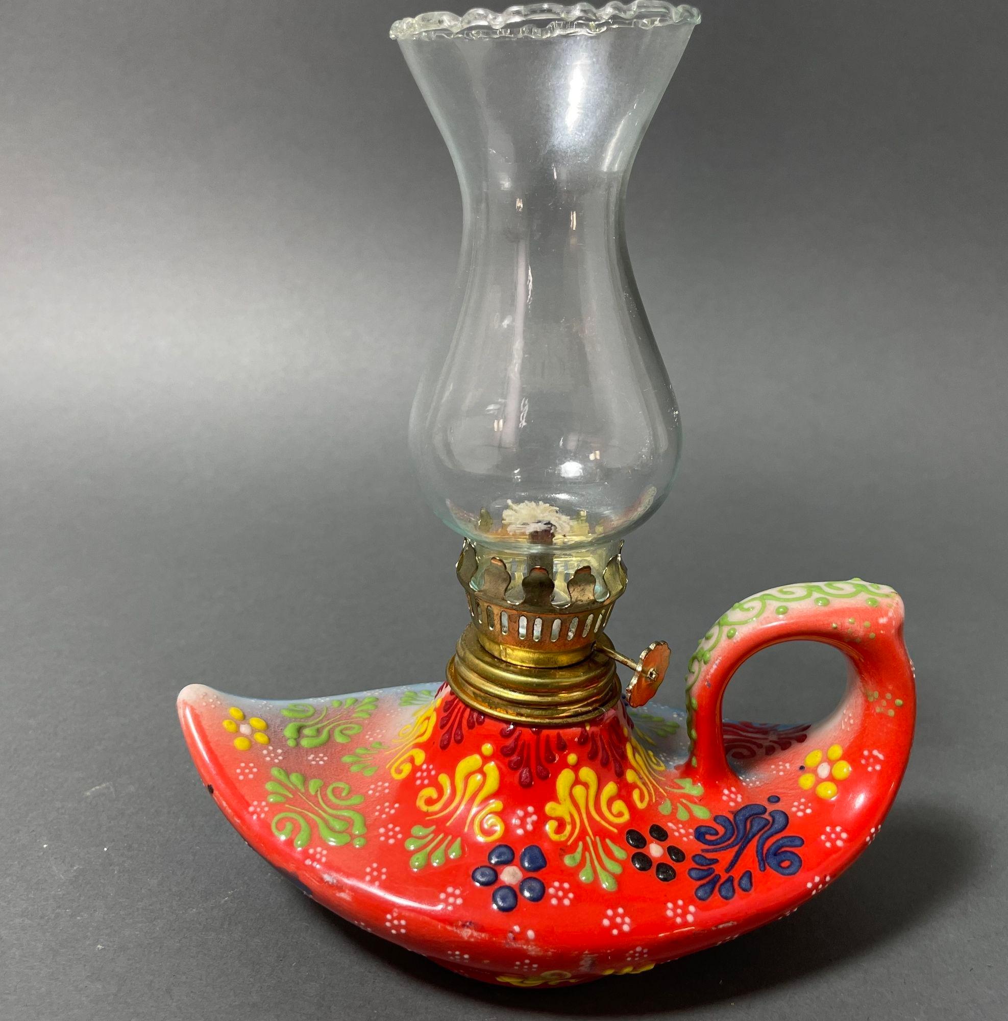 Aladdin style handmade red ceramic Turkish oil lamp In Good Condition For Sale In North Hollywood, CA