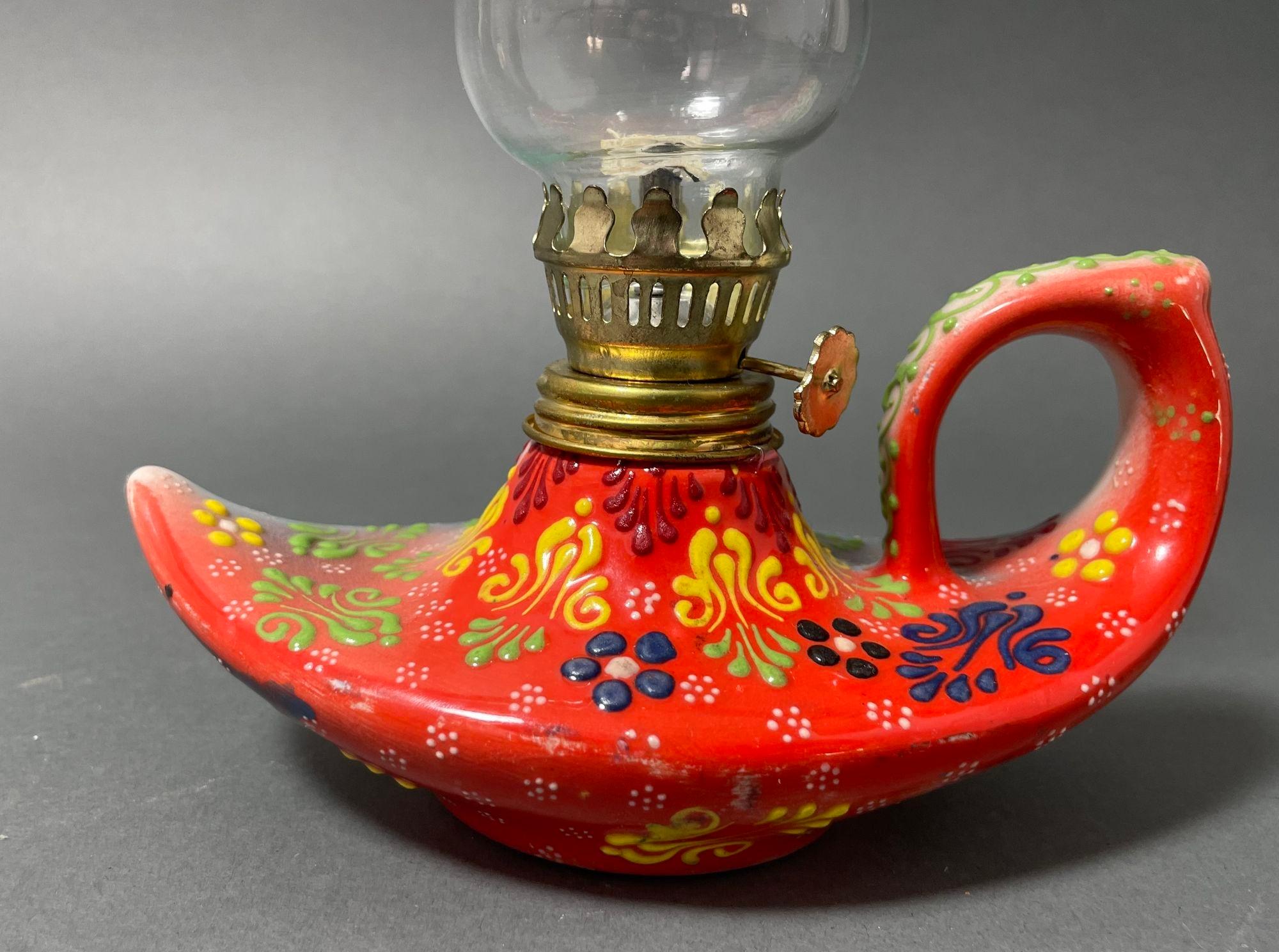 20th Century Aladdin style handmade red ceramic Turkish oil lamp For Sale