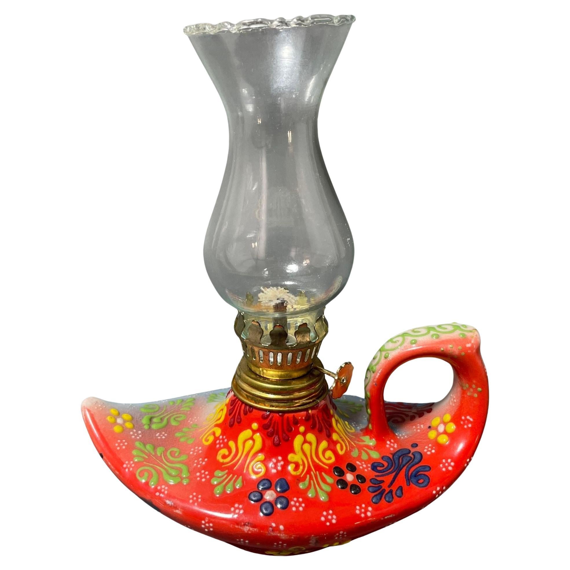 Aladdin style handmade red ceramic Turkish oil lamp For Sale
