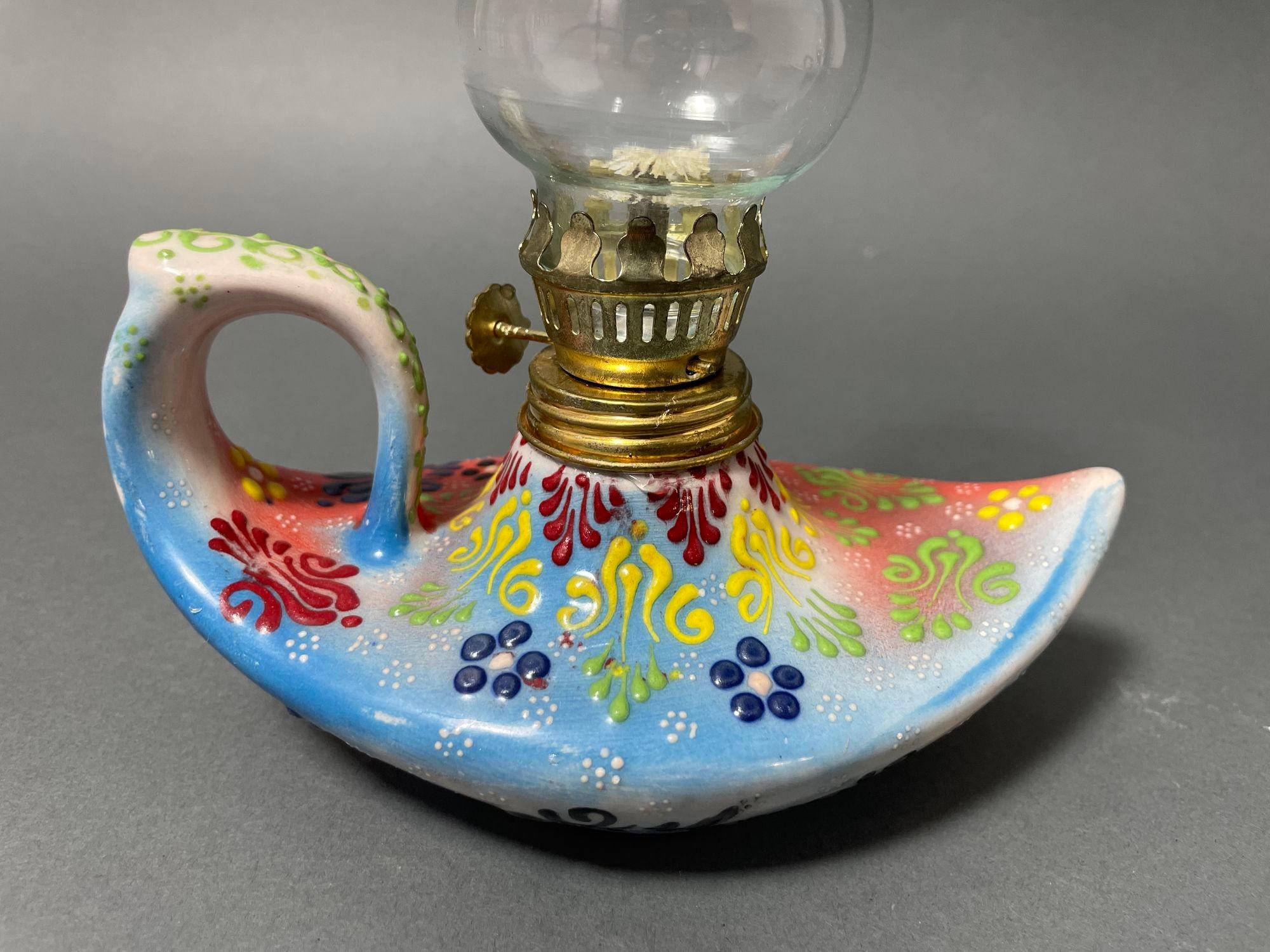 Aladdin élégante lampe à huile turque en céramique bleue faite à la main en vente 8