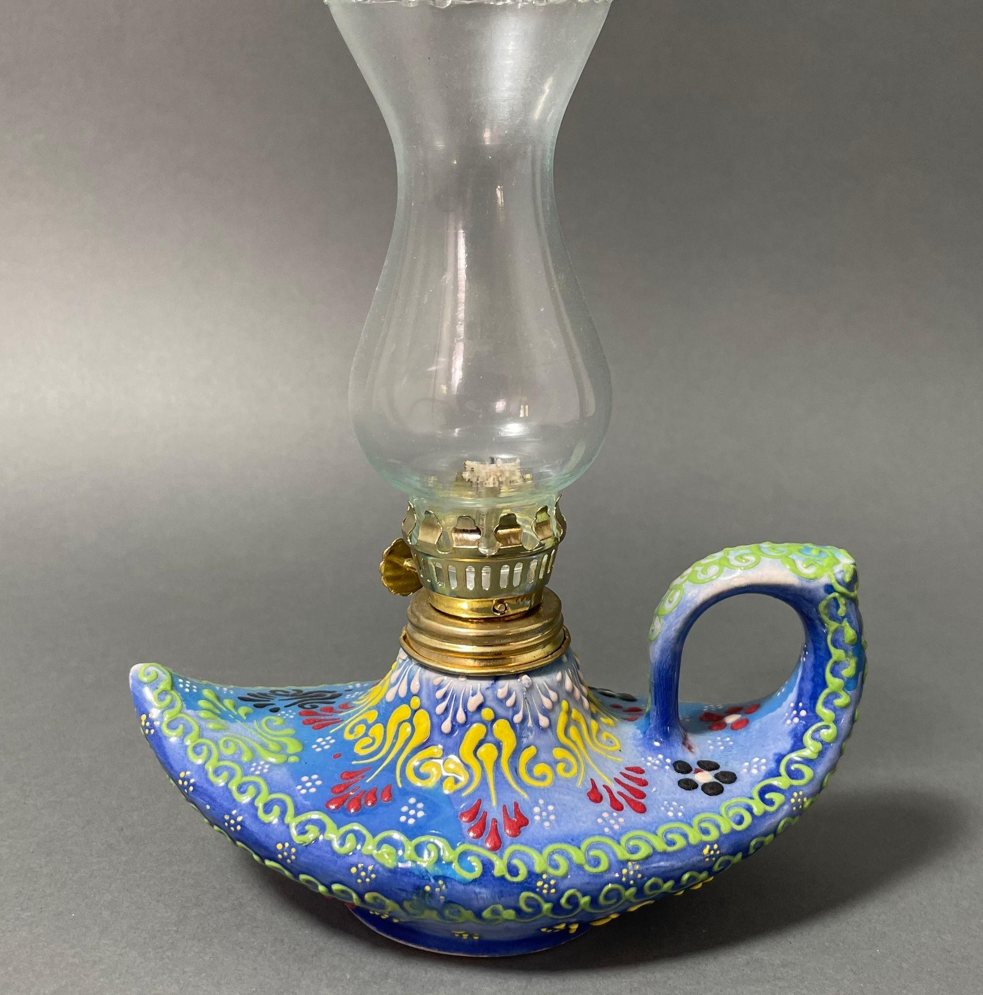 Aladdin Stilvolle handgefertigte blaue türkische Öllampe aus Keramik (Türkisch) im Angebot