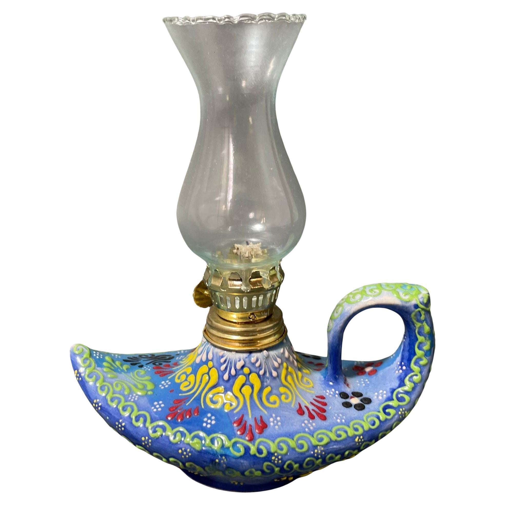 Aladdin élégante lampe à huile turque en céramique bleue faite à la main en vente