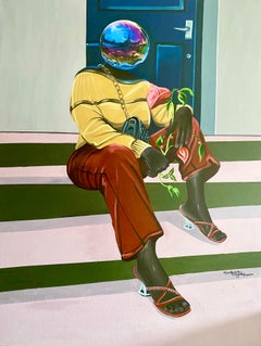 Espera tu momento - Siglo XXI, Surrealismo, Figurativo, Mujer, África, Globo terráqueo