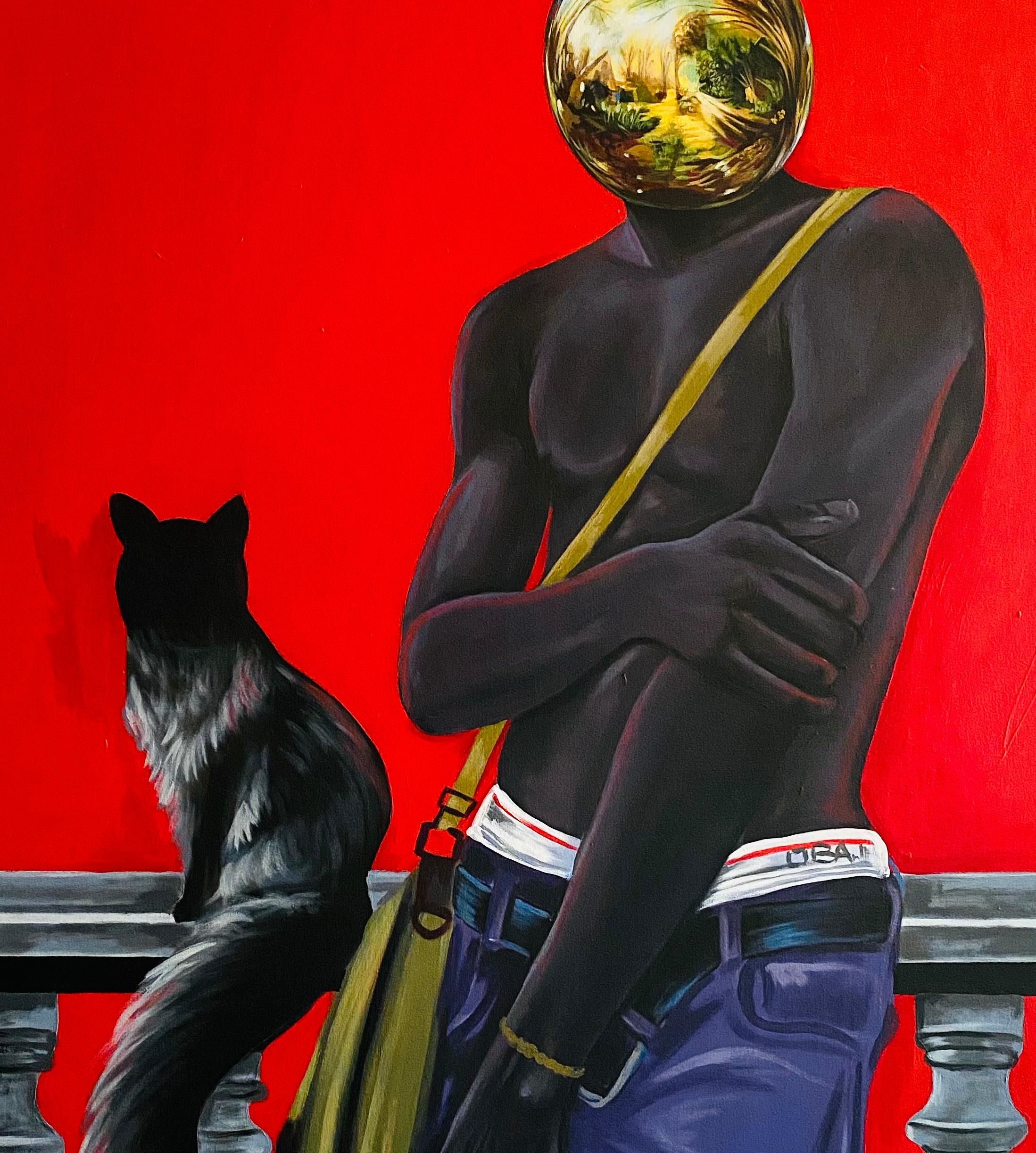 Mi secreto está a salvo contigo -Siglo XXI, Surrealismo, Figurativo, Hombres y animales - Portrait Painting Rojo de Aladejare Ayodeji