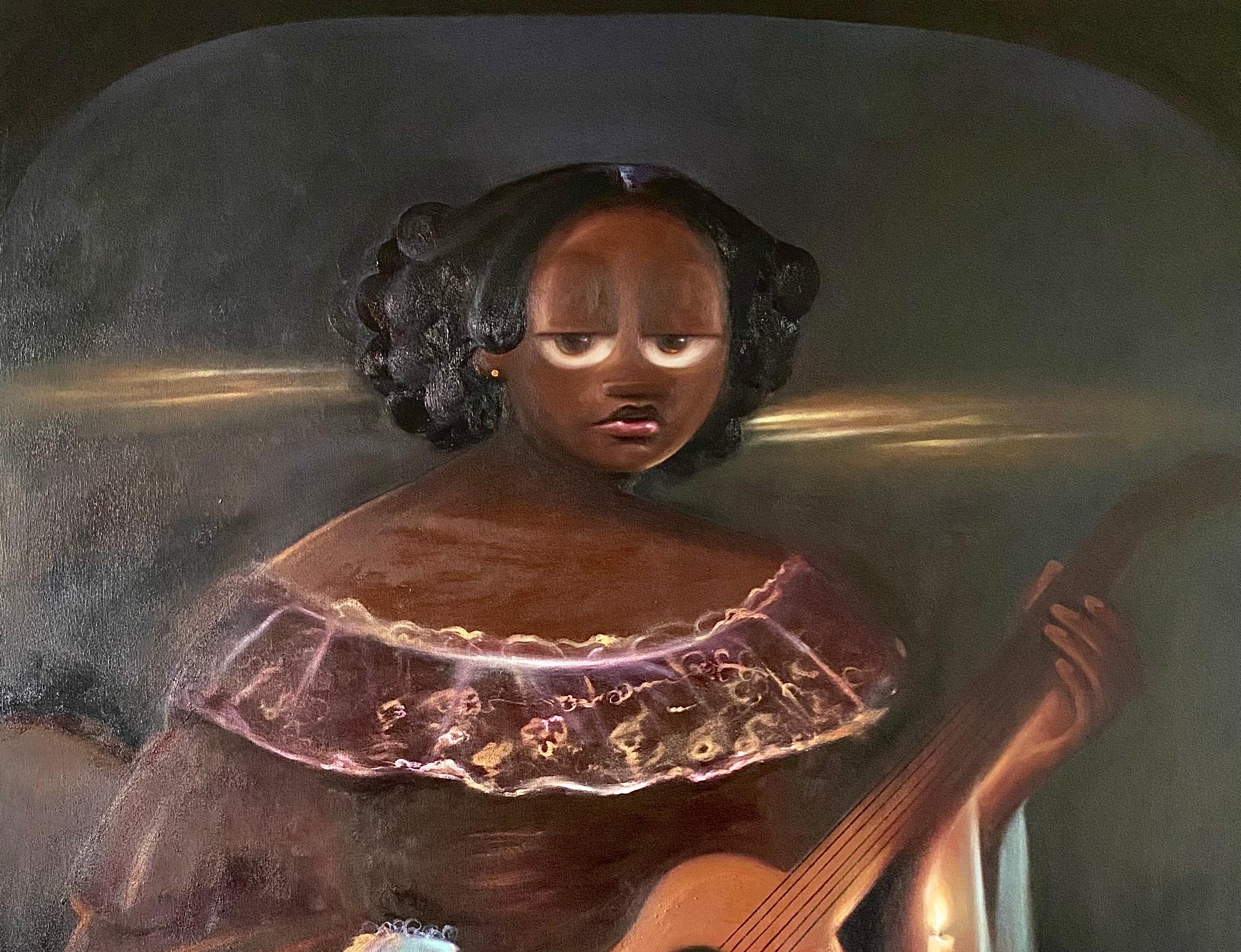 Priscilla al tramonto - 21° secolo, Surrealismo, Africa Donna con chitarra, Musical - Painting di Aladejare Ayodeji