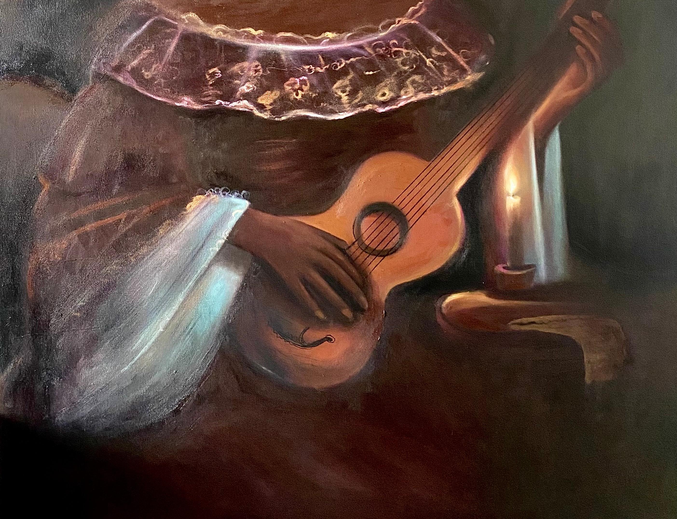 Priscilla al tramonto - 21° secolo, Surrealismo, Africa Donna con chitarra, Musical - Portrait Painting Nero di Aladejare Ayodeji