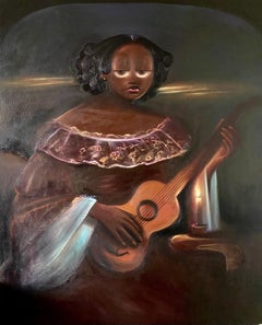 Priscilla Al Atardecer - Siglo XXI, Surrealismo, África Mujer con Guitarra, Musical