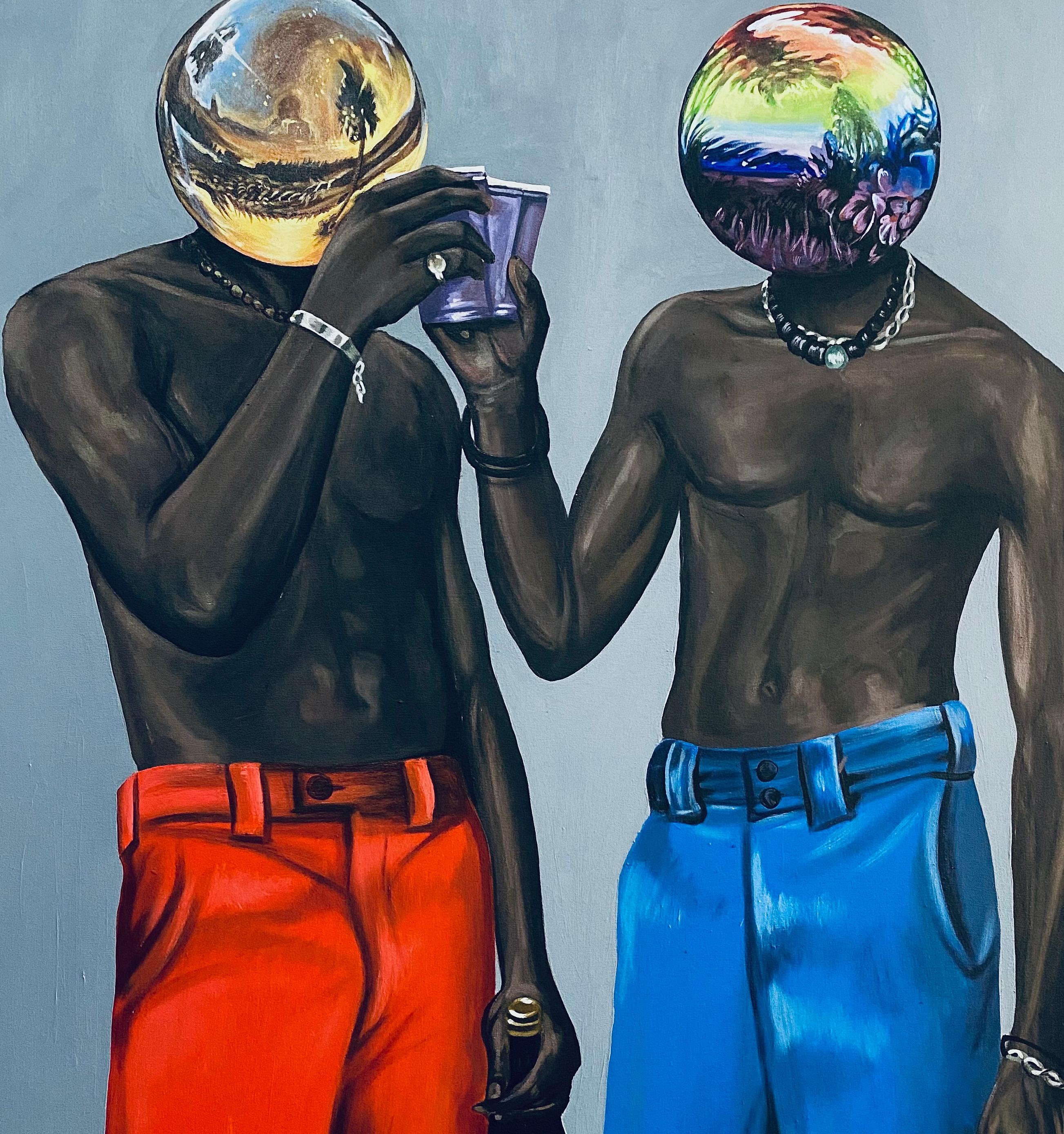 Roister - Siglo XXI, Surrealismo, Hombres jóvenes que brindan por la buena vida - Portrait Painting Gris de Aladejare Ayodeji