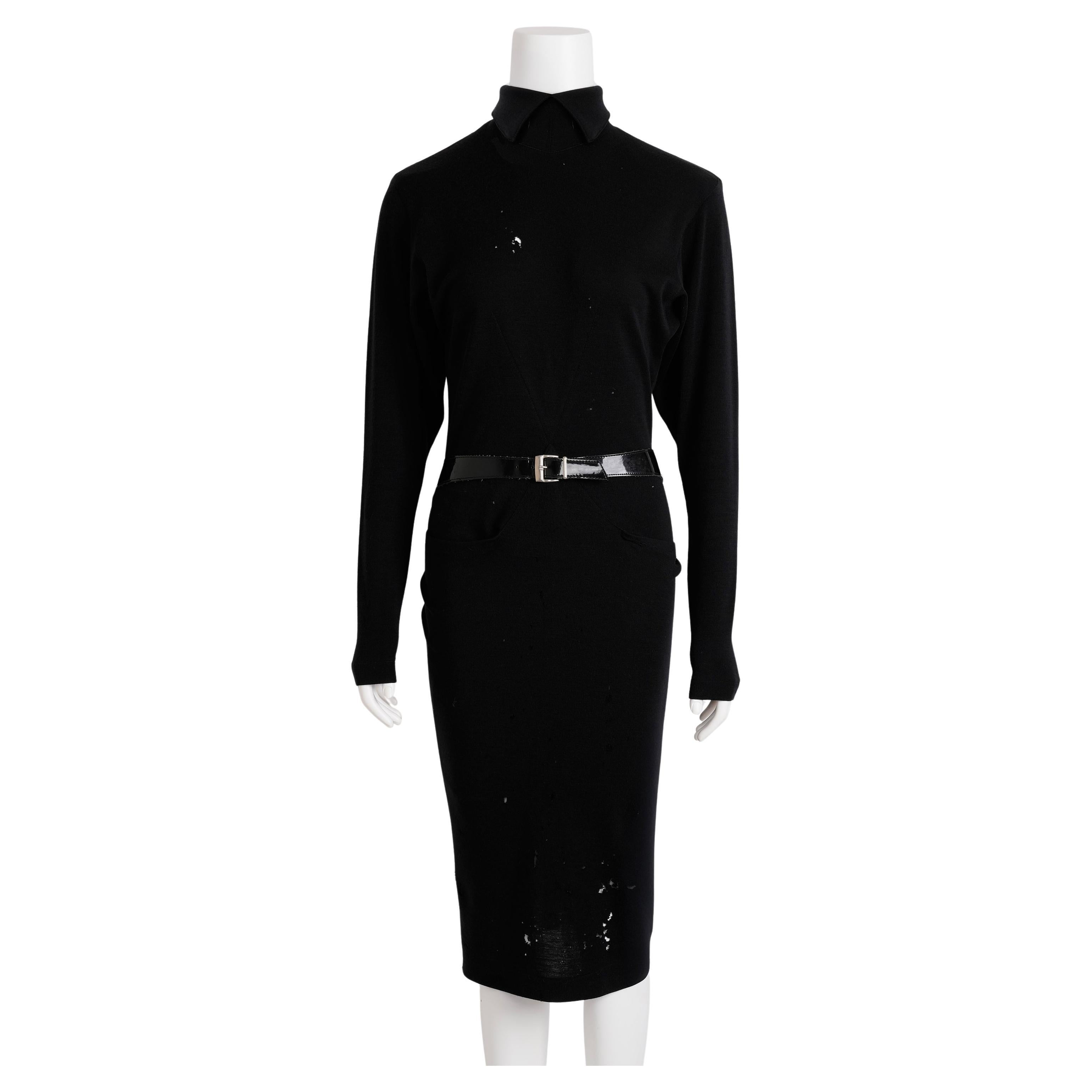 Alaïa 1985 Black Wool Dress with Vinyl Belt Distressed Condition
