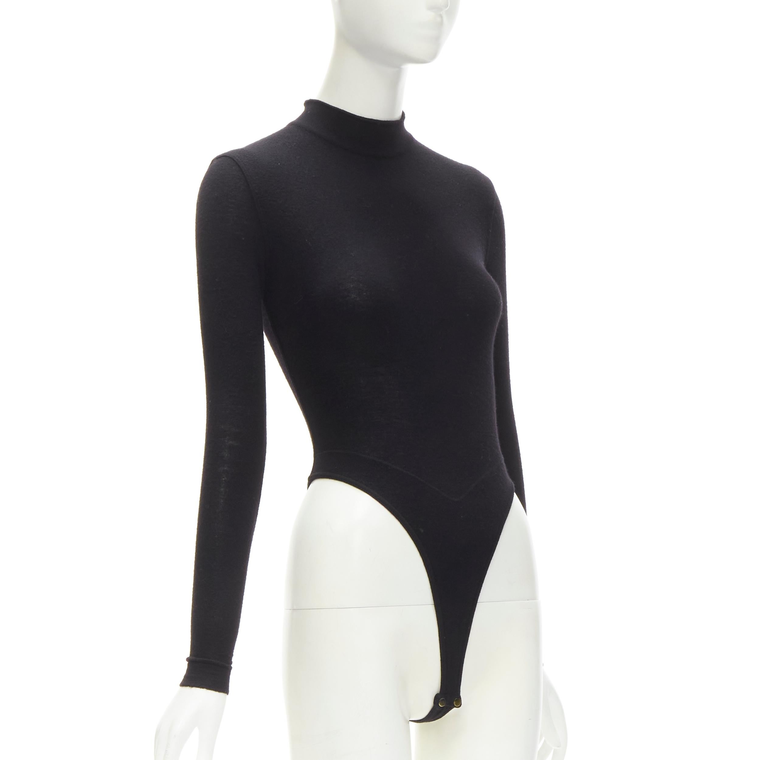 Black ALAIA 1990's Vintage black wool mock neck long sleeve  high cut bodysuit top M For Sale