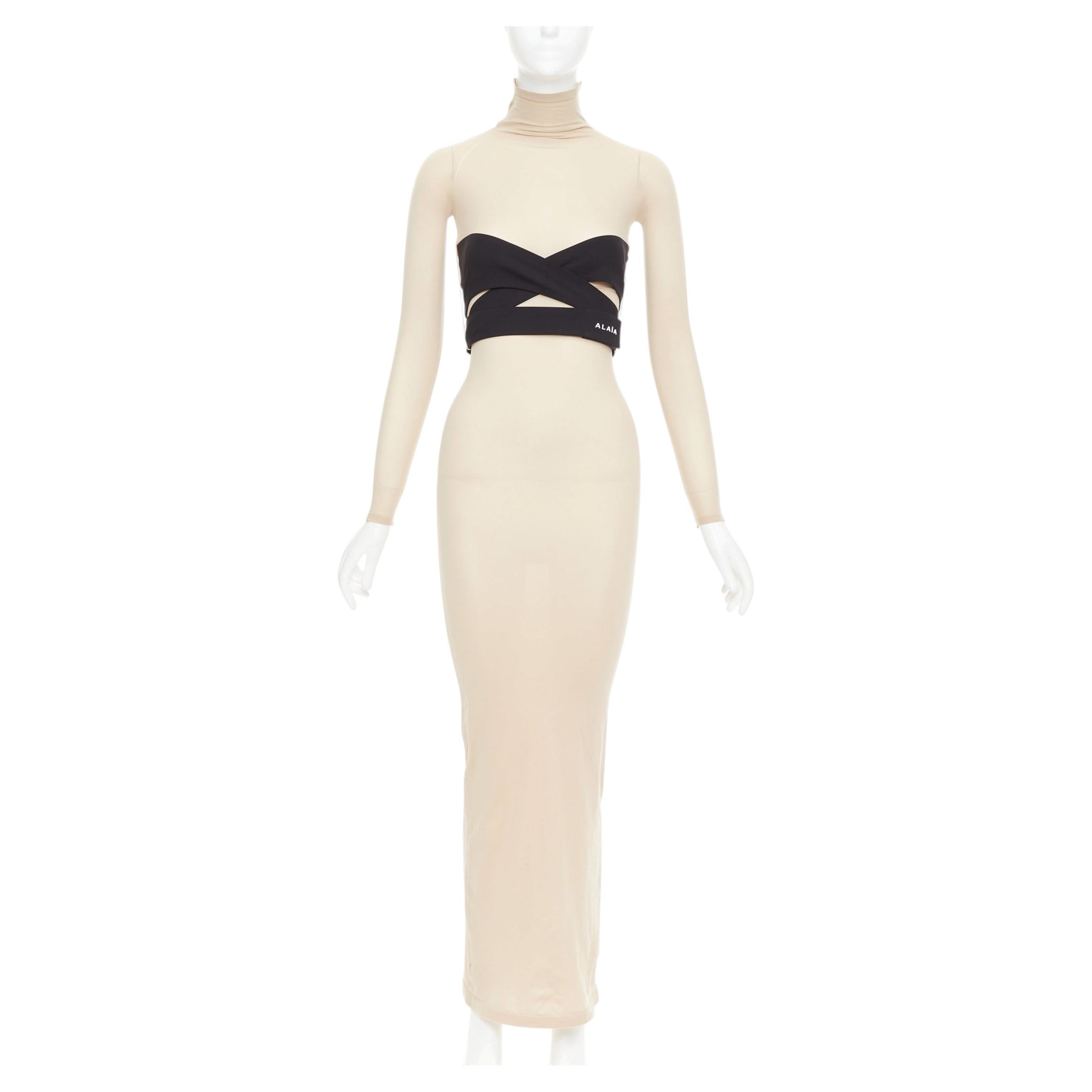 ALAIA 2023 beige second-skin band belted jersey turtleneck maxi dresse FR36 S
