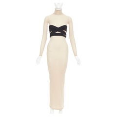 ALAIA 2023 : robe longue à col roulé en jersey beige, effet seconde peau, avec ceinture, taille 36 S
