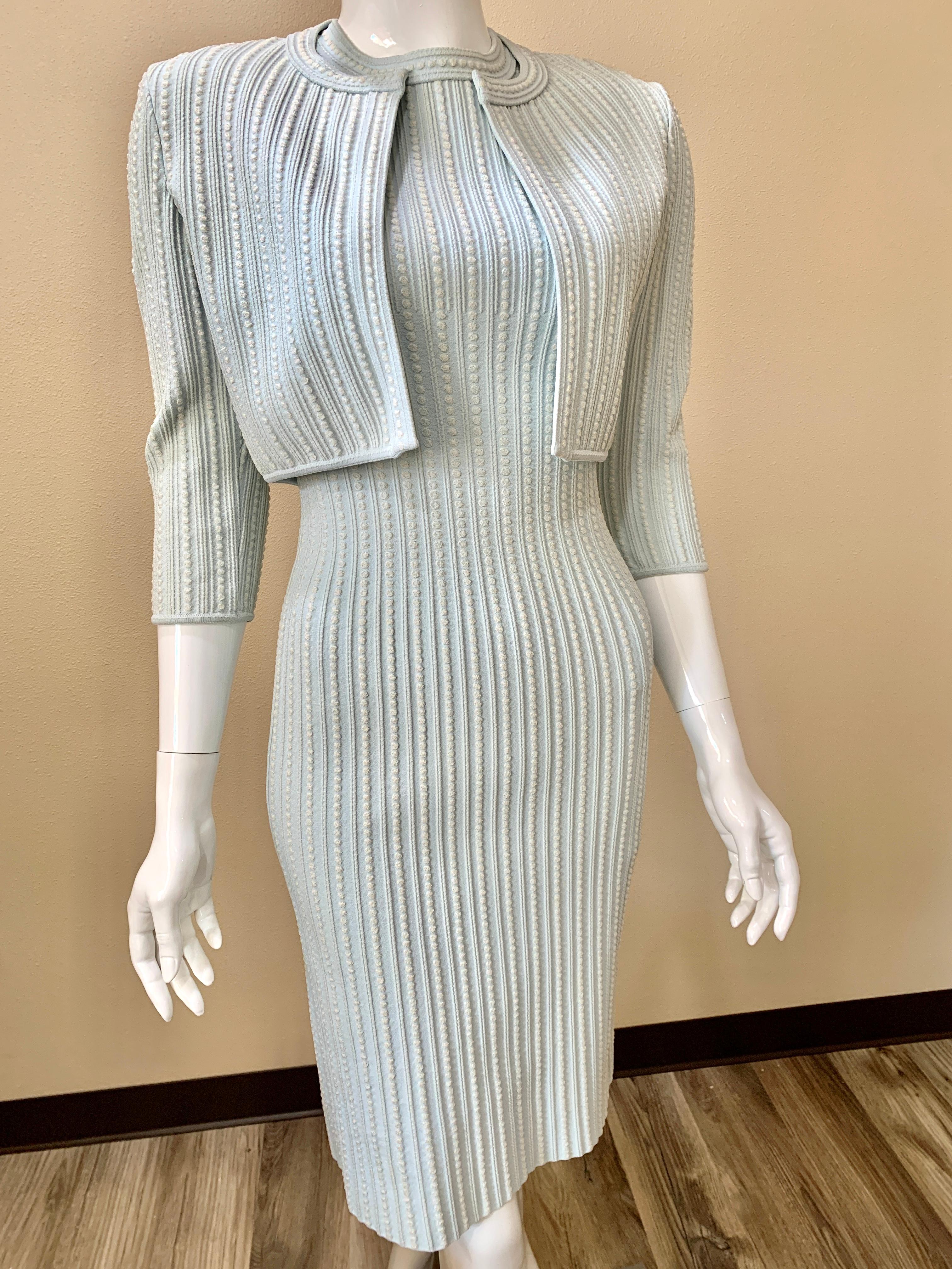 Collector's Item!!  - Alaia Paris sleeveless dress and matching cropped jacket in baby light blue. 

This is such a flattering and elegant silhouette. Depending on your height - this hits below the knee and arm length just above the elbow. 

Color: