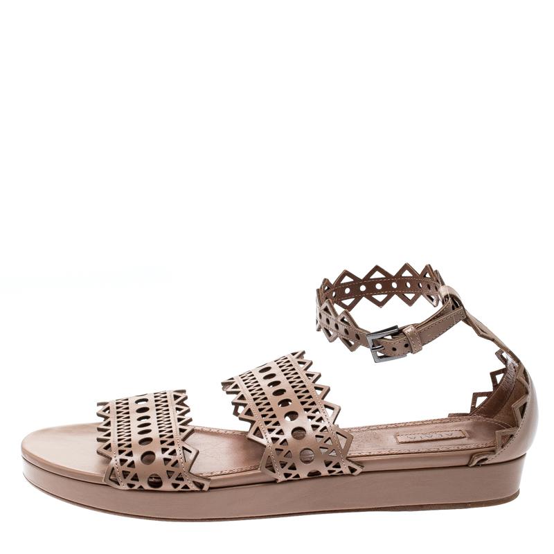 Alaia Beige Laser Cut Ankle Strap Flat Sandals Size 40 1