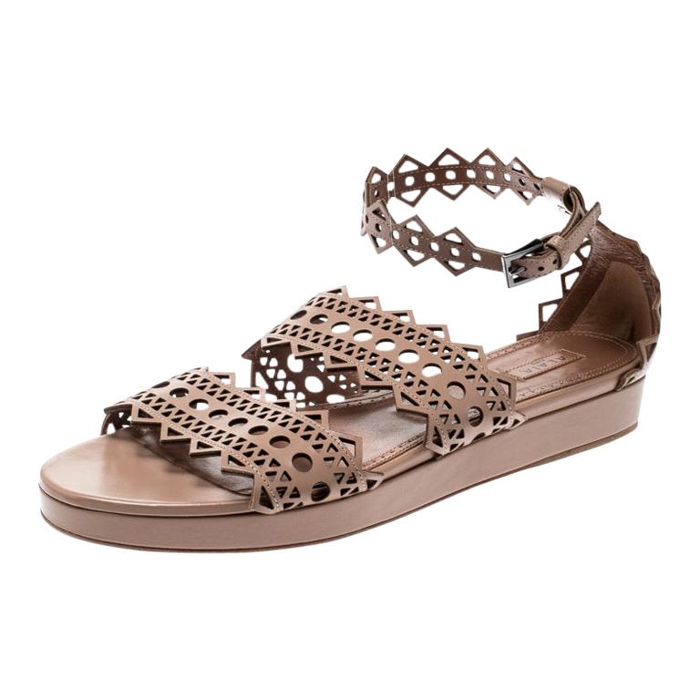 Alaia Beige Laser Cut Ankle Strap Flat Sandals Size 40