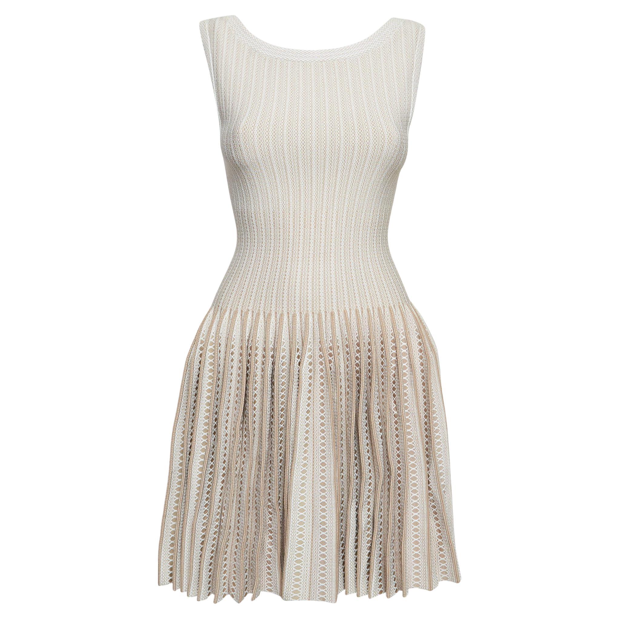 Alaia Beige Patterned Knit Sleeveless Mini Dress S