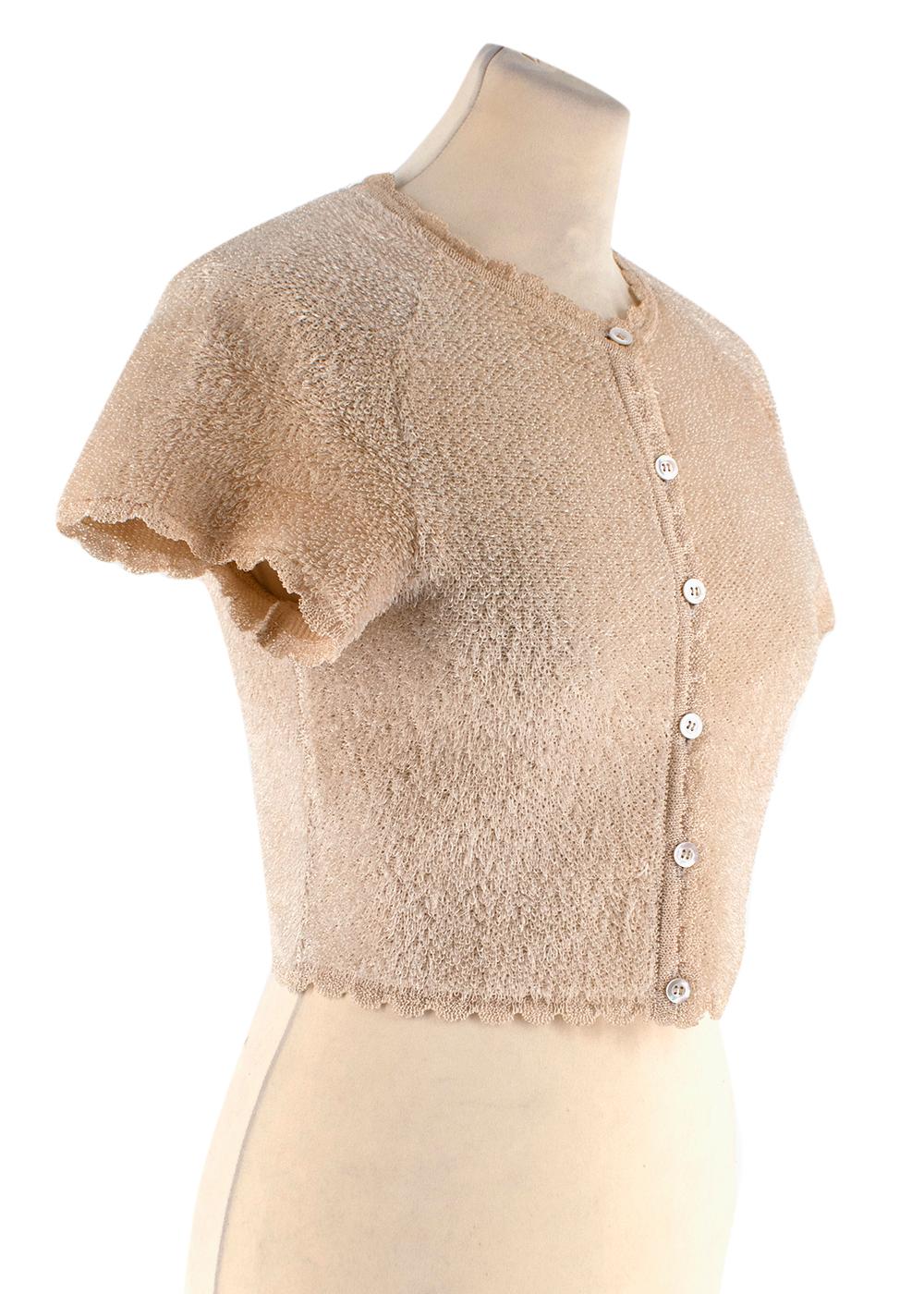 Alaia Beige Short Sleeve Textured Cardigan 
- Short sleeve
- Scalloped edge detail
- Pearlescent buttons
- Round neck
- Textured loop knit

Synthetic Material

Chest 40cm
Length 40cm
