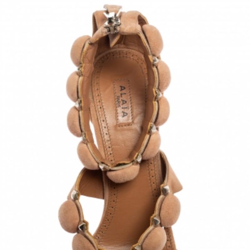 Alaia Beige Suede Studded Ankle Strap Sandals Size 37.5 For Sale 2