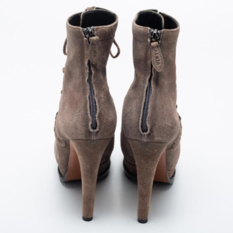 Women's Alaia Beige Suede Studded Lace Up Platform Booties Size 40
