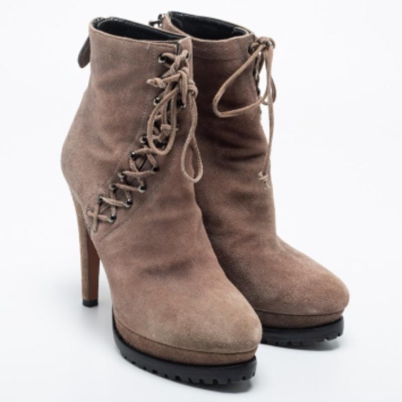 Alaia Beige Suede Studded Lace Up Platform Booties Size 40 2
