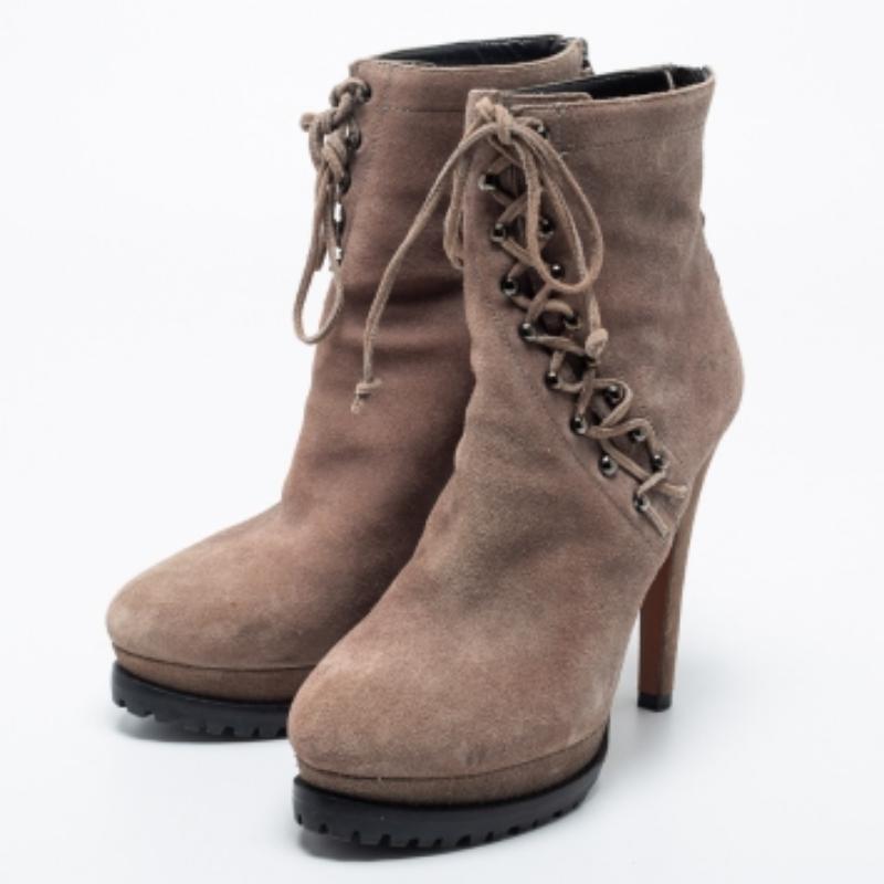 Alaia Beige Suede Studded Lace Up Platform Booties Size 40 4
