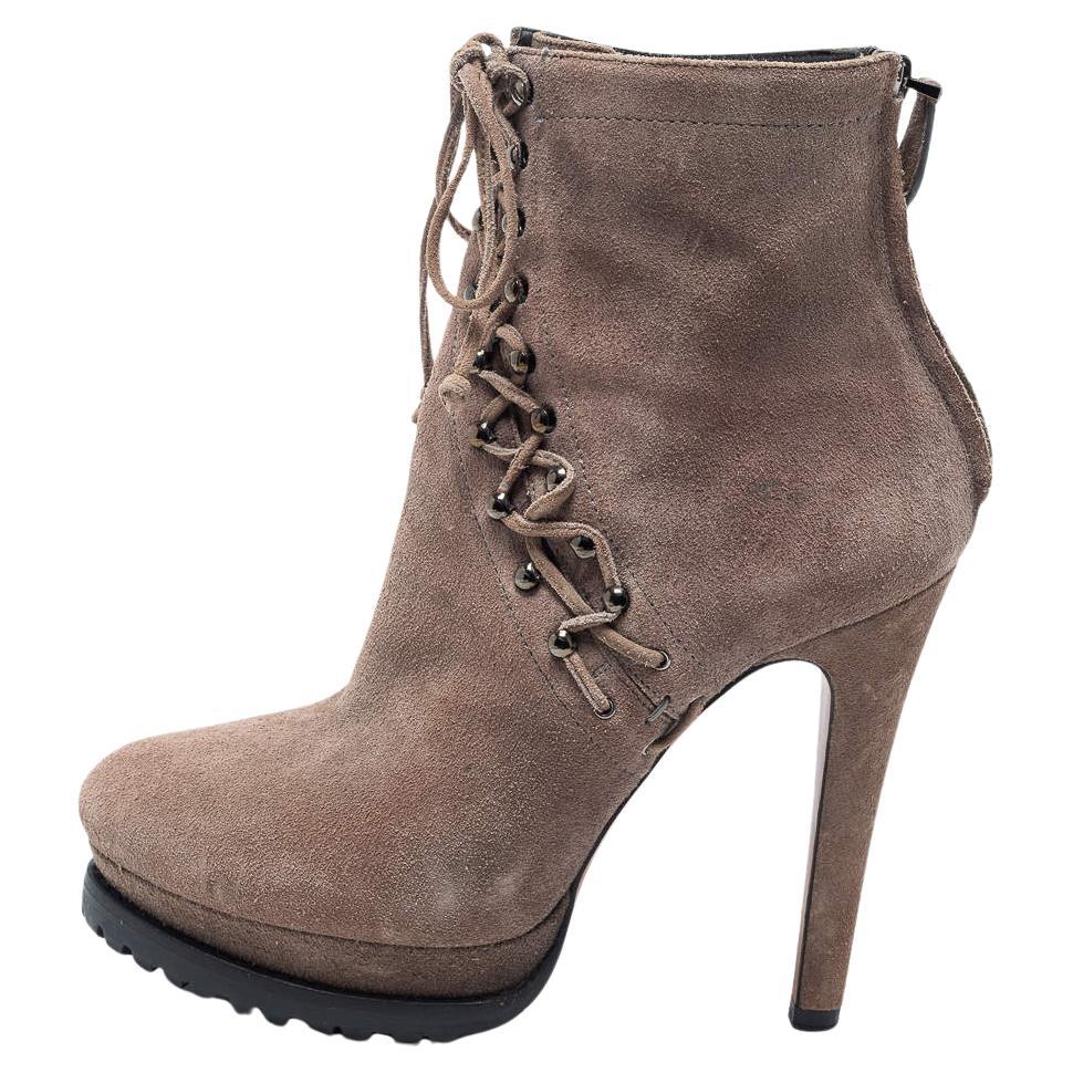 Alaia Beige Suede Studded Lace Up Platform Booties Size 40 For Sale