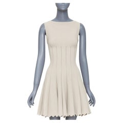 ALAIA beige viscose chevron cellular jacquard lattice scalloped dress FR38 M