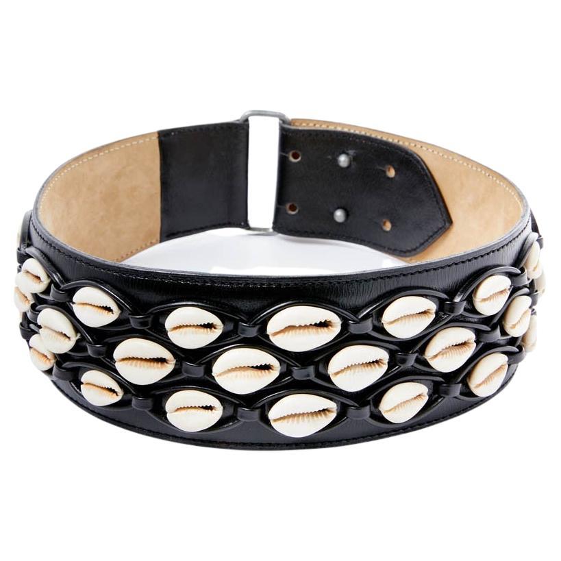 ALAIA Belt in Black Leather and White Shells 65 For Sale