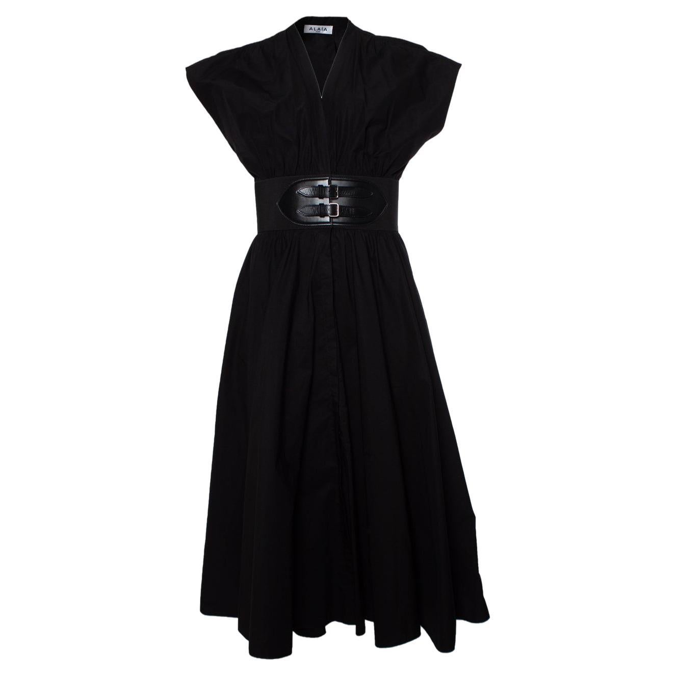 Alaia, Belted cotton midi poplin dress in black