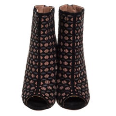 Alaia Black/Brown Suede Leather Laser Cut Peep Toe Ankle Booties Size 40
