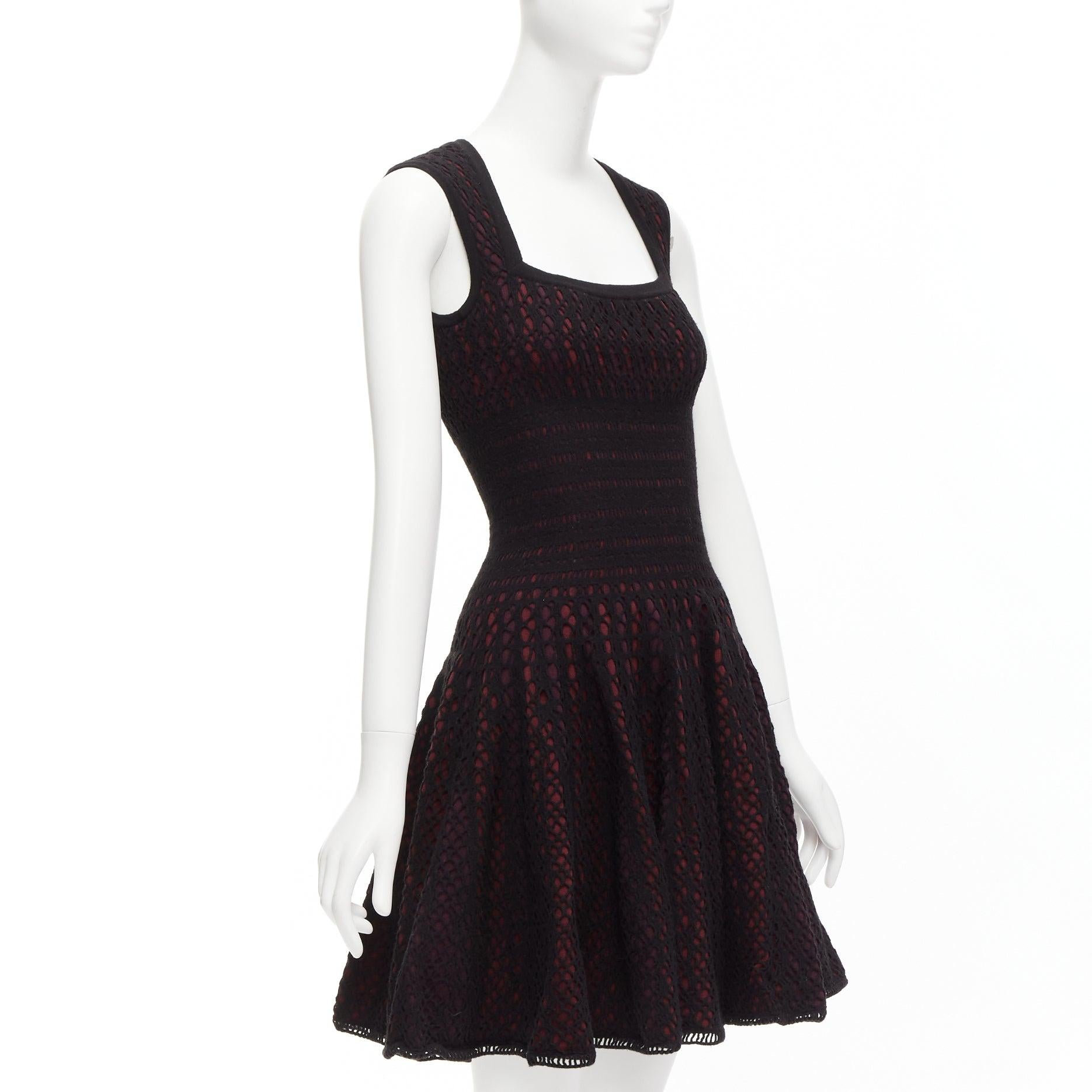 Black ALAIA black burgundy virgin wool blend cut out jacquard square neck dress FR36 S