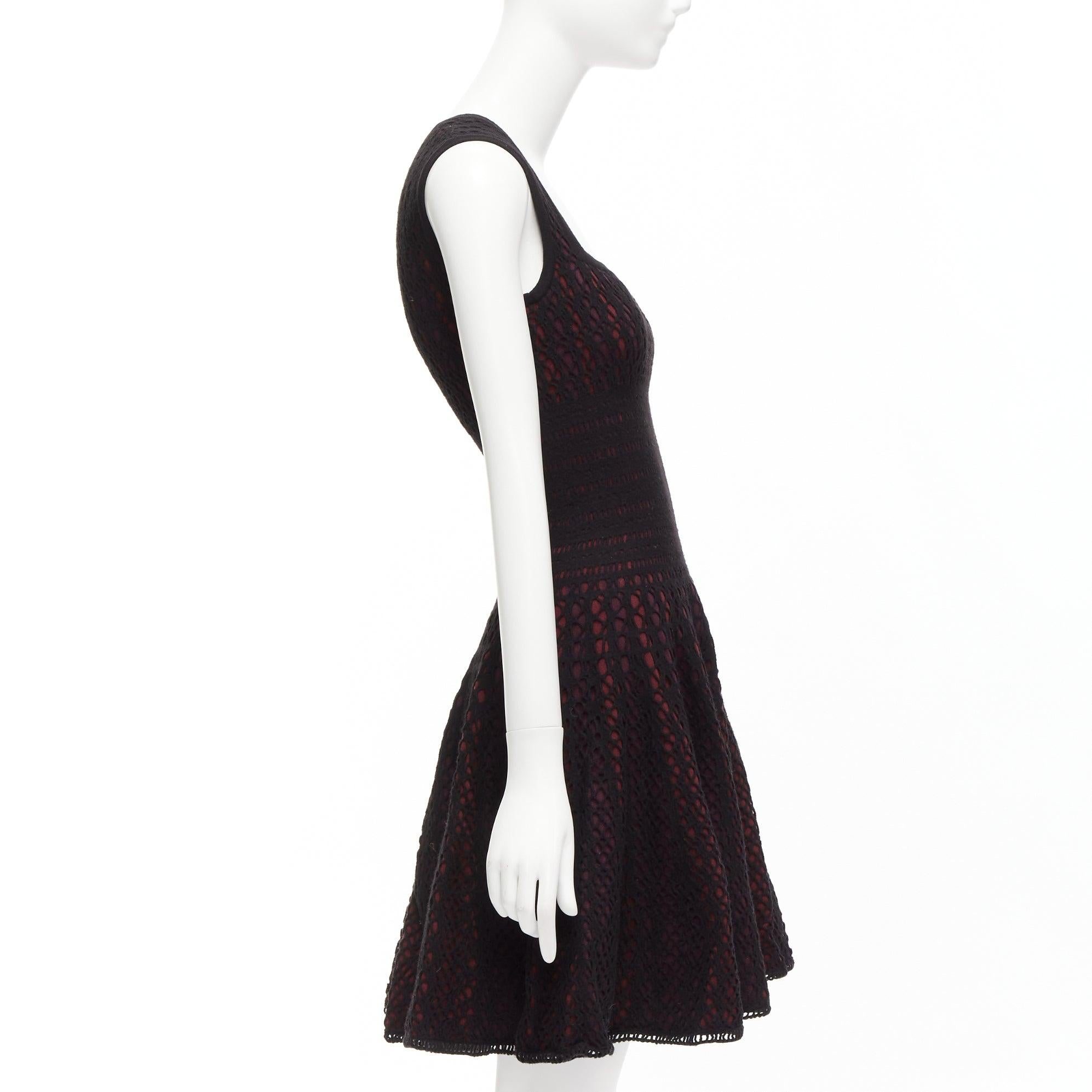 Women's ALAIA black burgundy virgin wool blend cut out jacquard square neck dress FR36 S For Sale