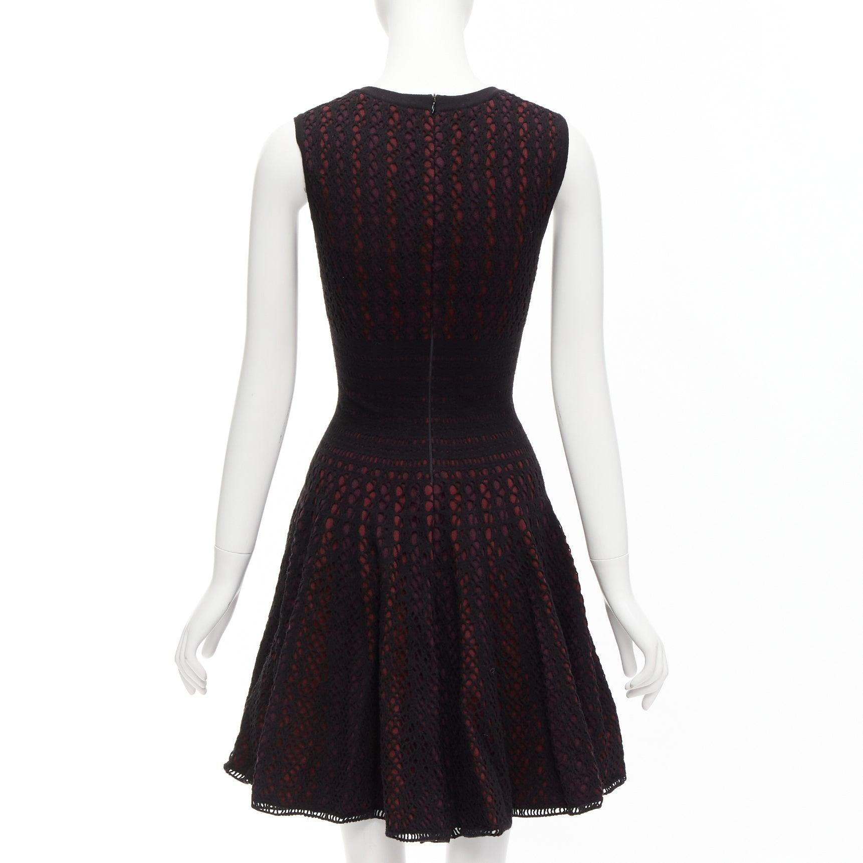 ALAIA black burgundy virgin wool blend cut out jacquard square neck dress FR36 S For Sale 1