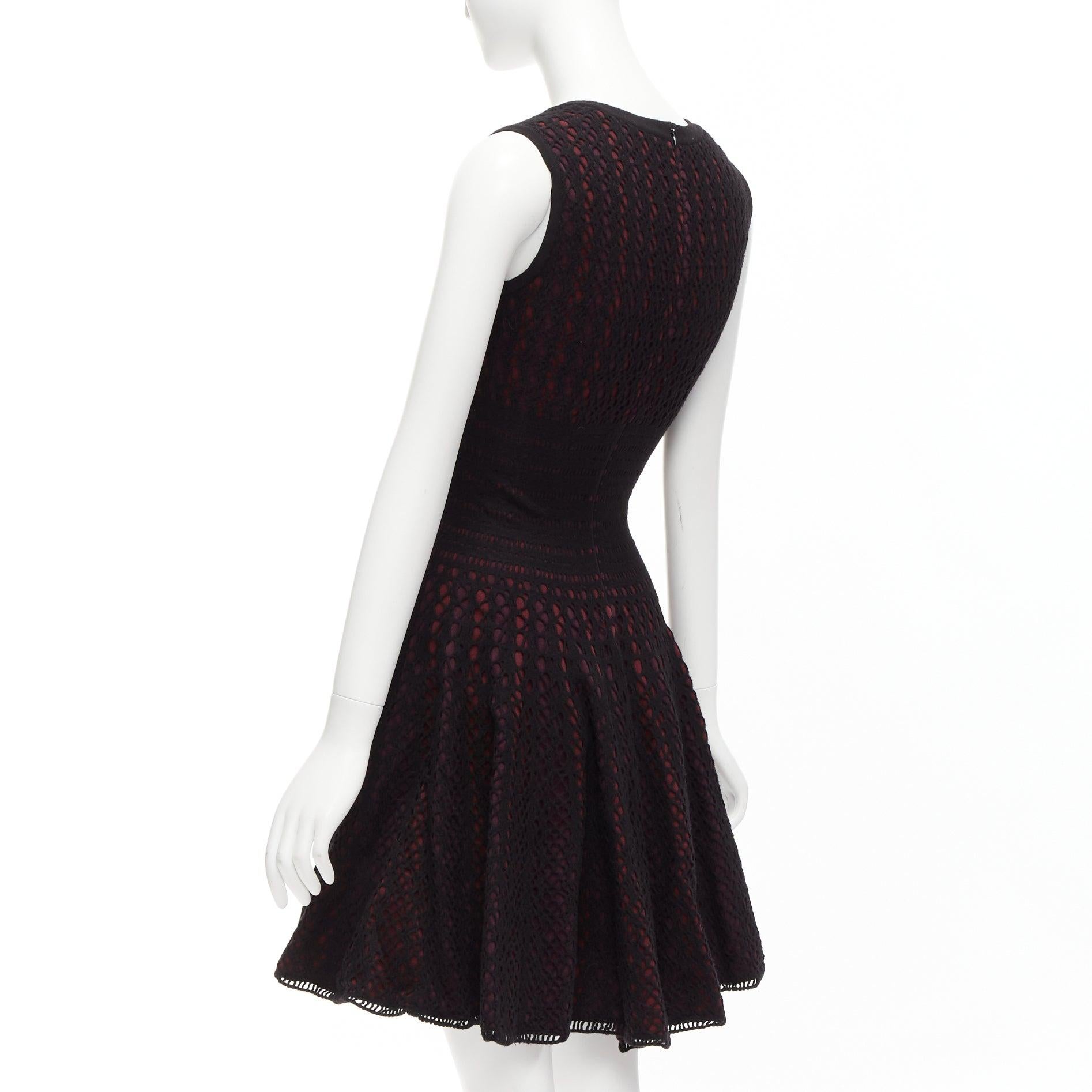 ALAIA black burgundy virgin wool blend cut out jacquard square neck dress FR36 S For Sale 2