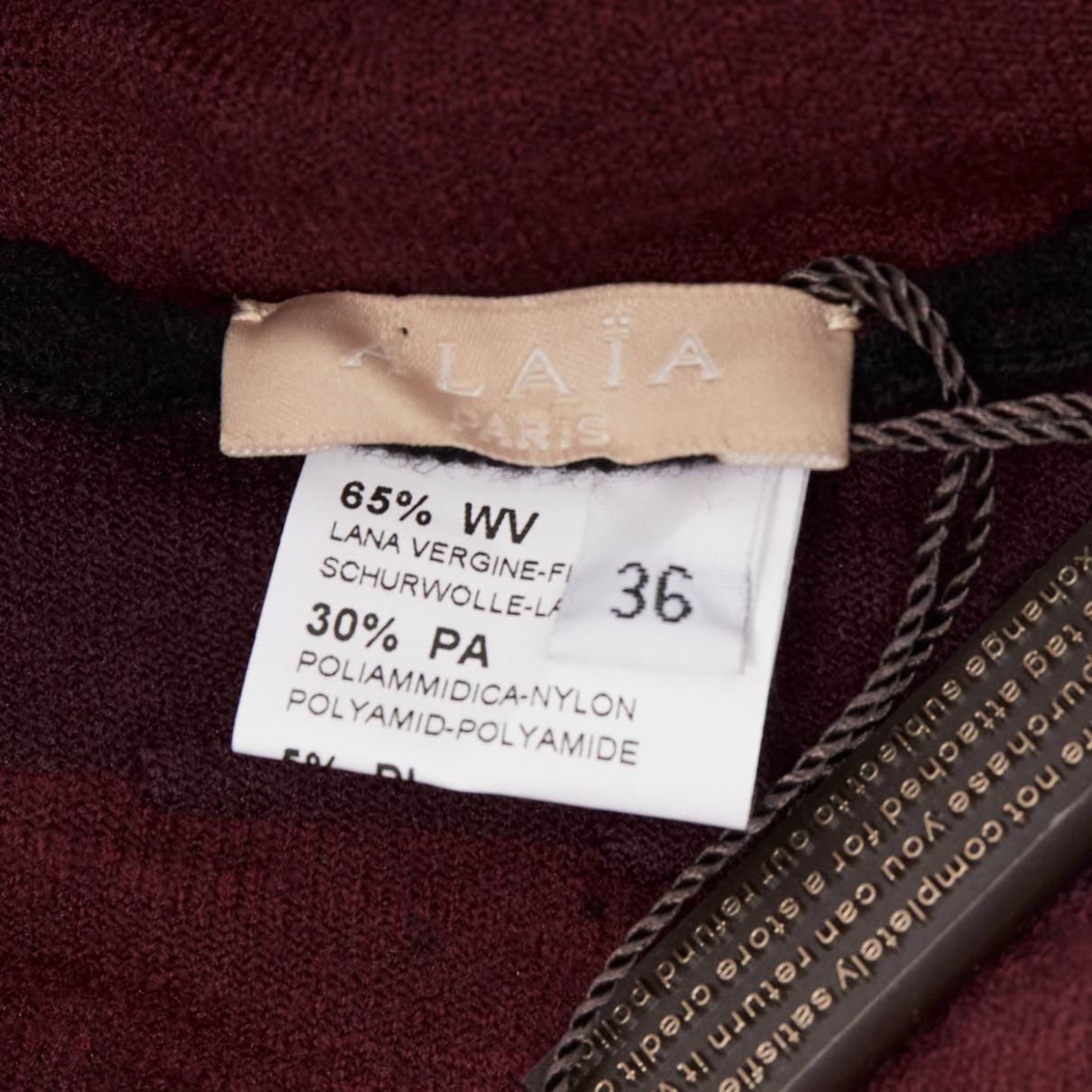 ALAIA black burgundy virgin wool blend cut out jacquard square neck dress FR36 S For Sale 4