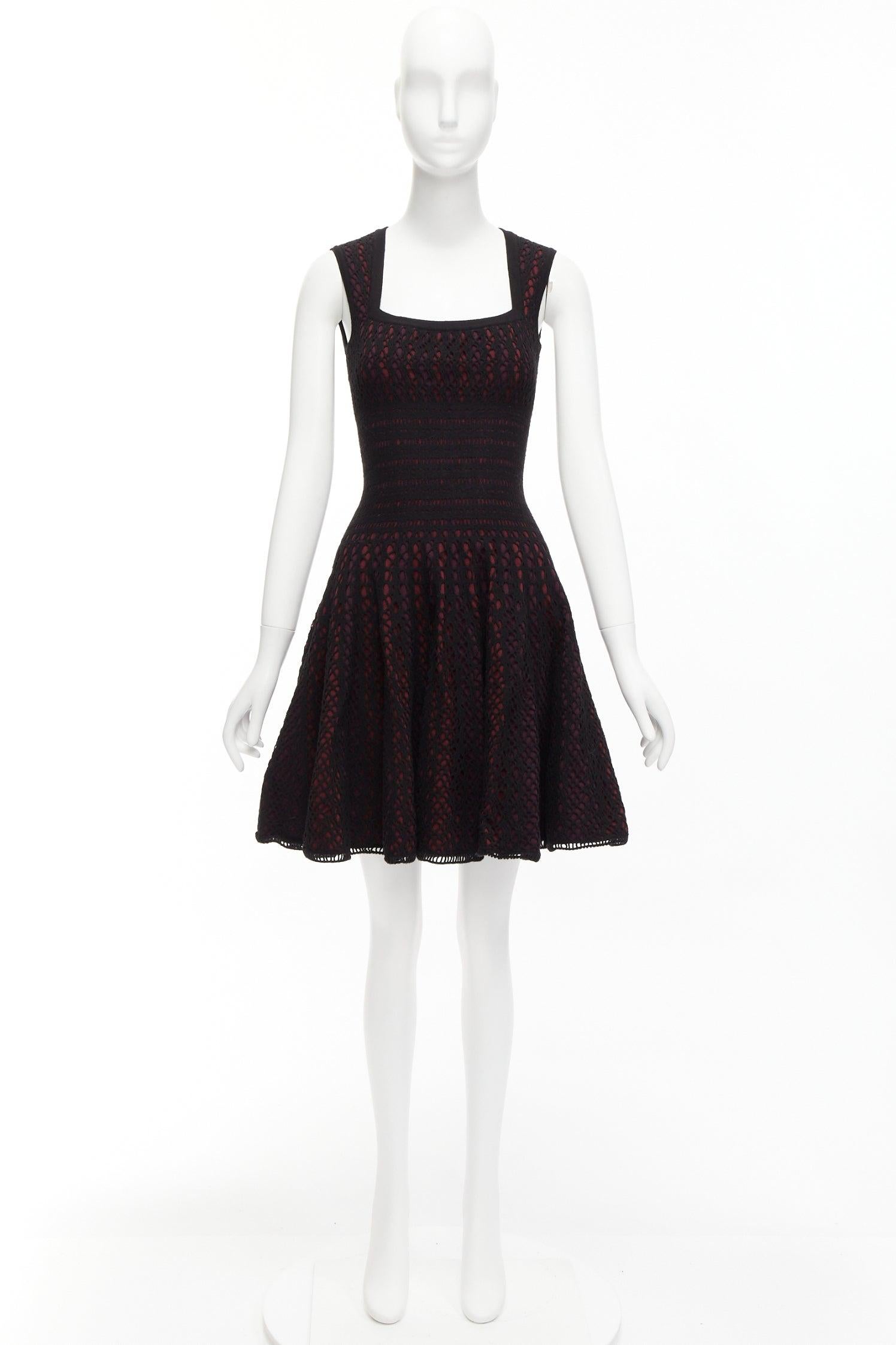 ALAIA black burgundy virgin wool blend cut out jacquard square neck dress FR36 S For Sale 5