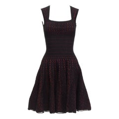 ALAIA black burgundy virgin wool blend cut out jacquard square neck dress FR36 S