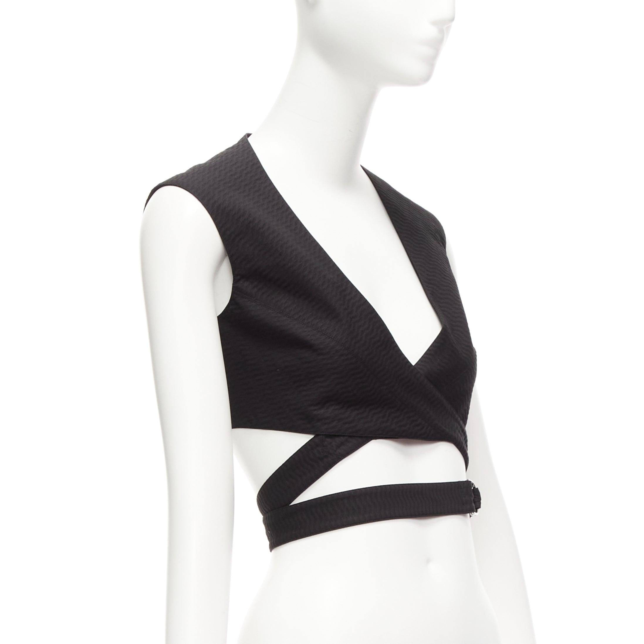 Black ALAIA black cotton textured jacquard wrap tie belt buckle crop top FR36 S For Sale