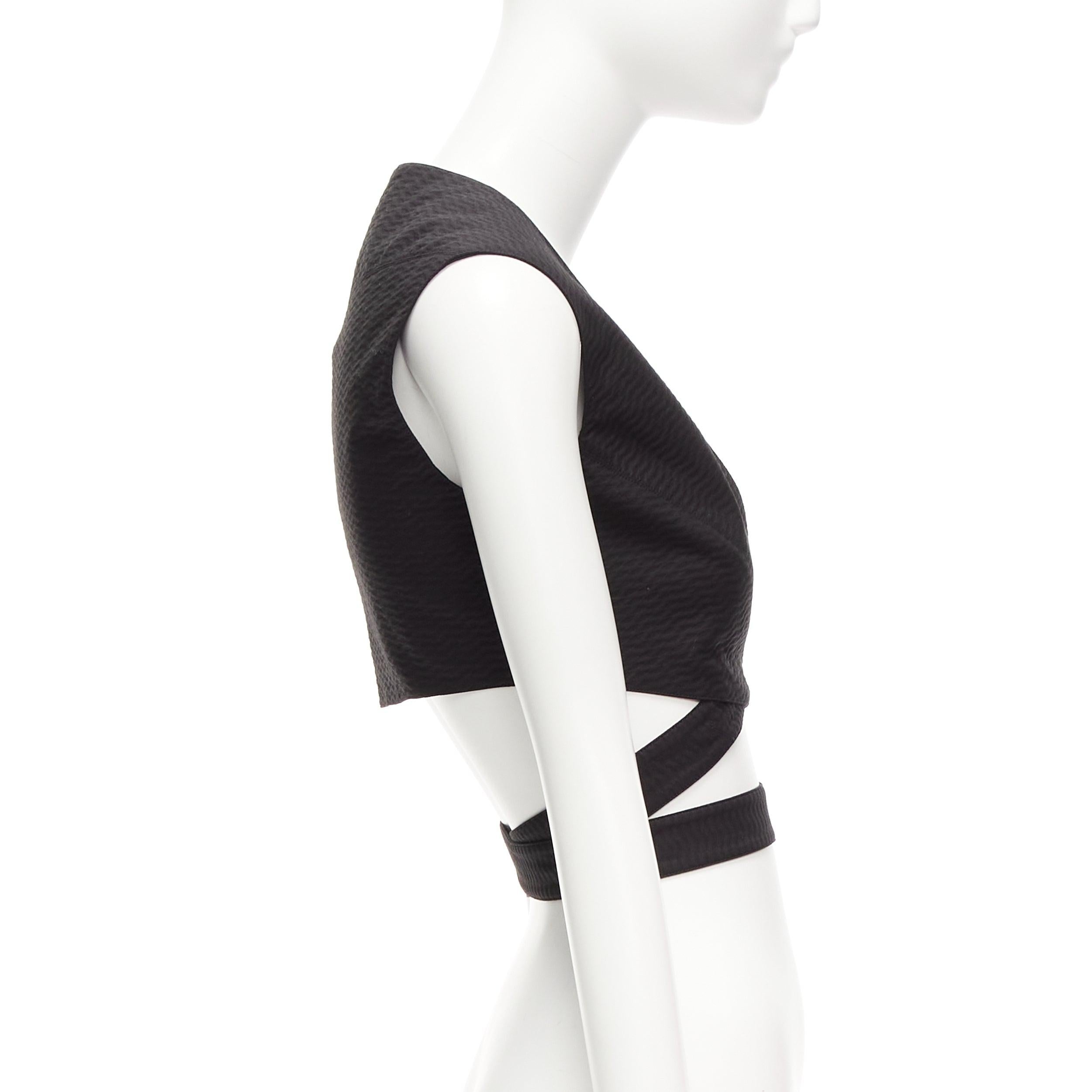 Women's ALAIA black cotton textured jacquard wrap tie belt buckle crop top FR36 S For Sale