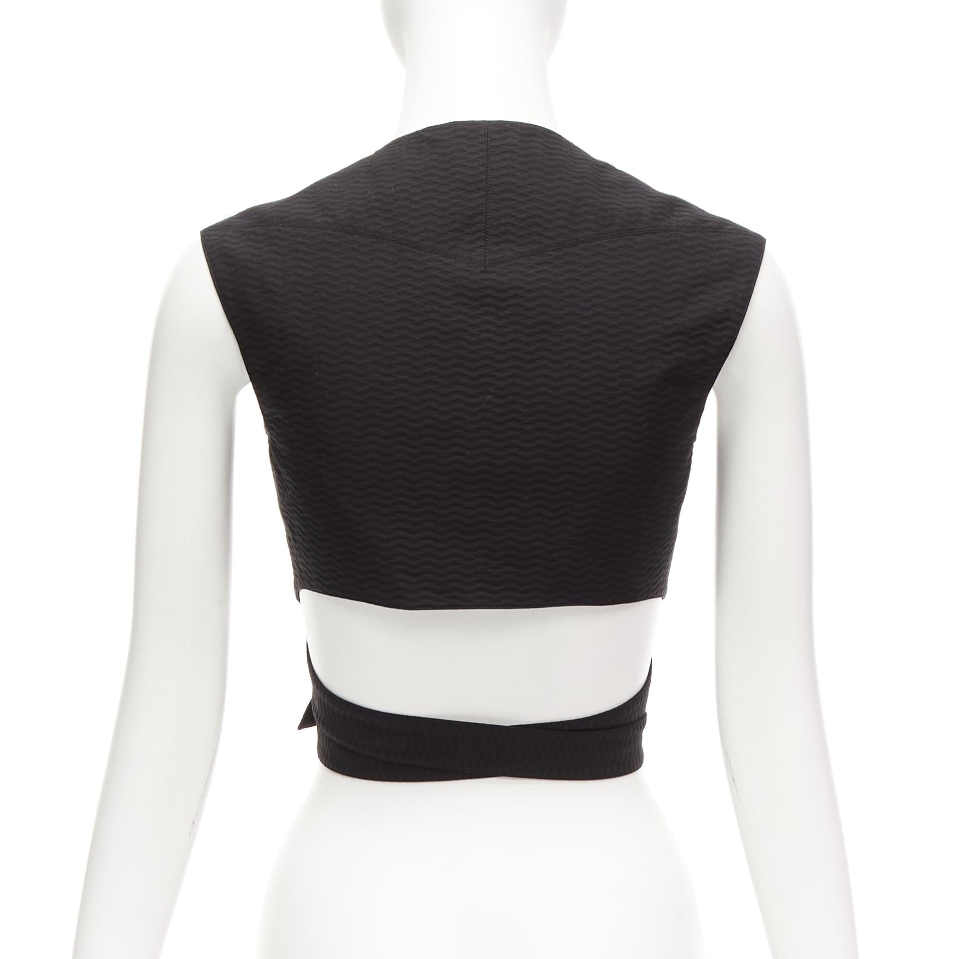 Women's ALAIA black cotton textured jacquard wrap tie belt buckle crop top FR36 S For Sale