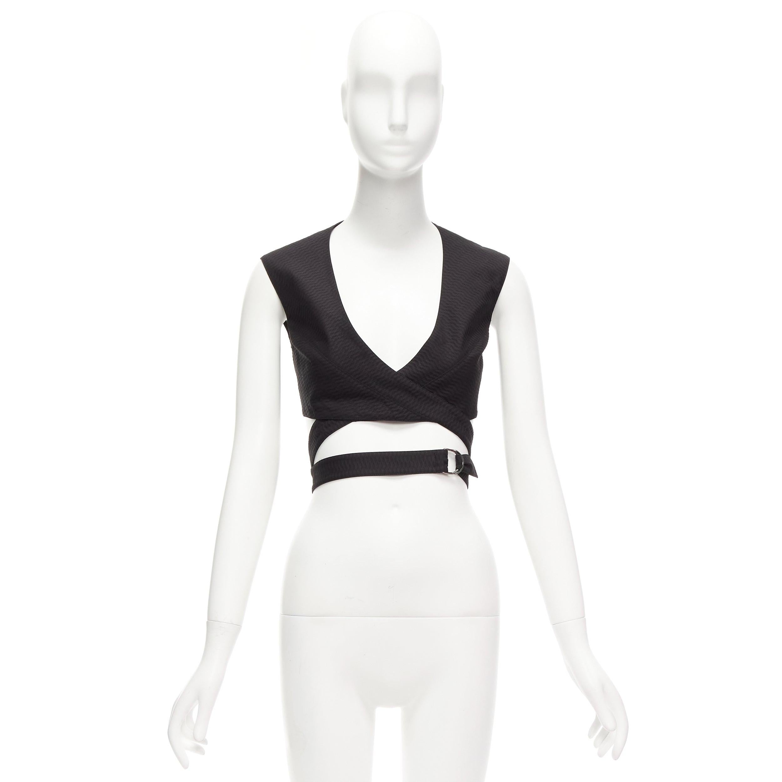 ALAIA black cotton textured jacquard wrap tie belt buckle crop top FR36 S For Sale 4