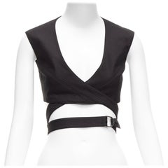 ALAIA black cotton textured jacquard wrap tie belt buckle crop top FR36 S